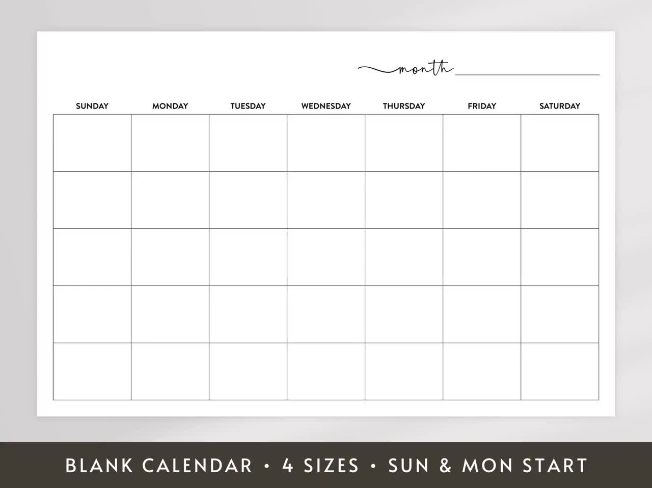 blank printable calendar large wall calendar undated calendar 8x11 18x24 24x36 27x40 sunday and monday start digital download diy etsy