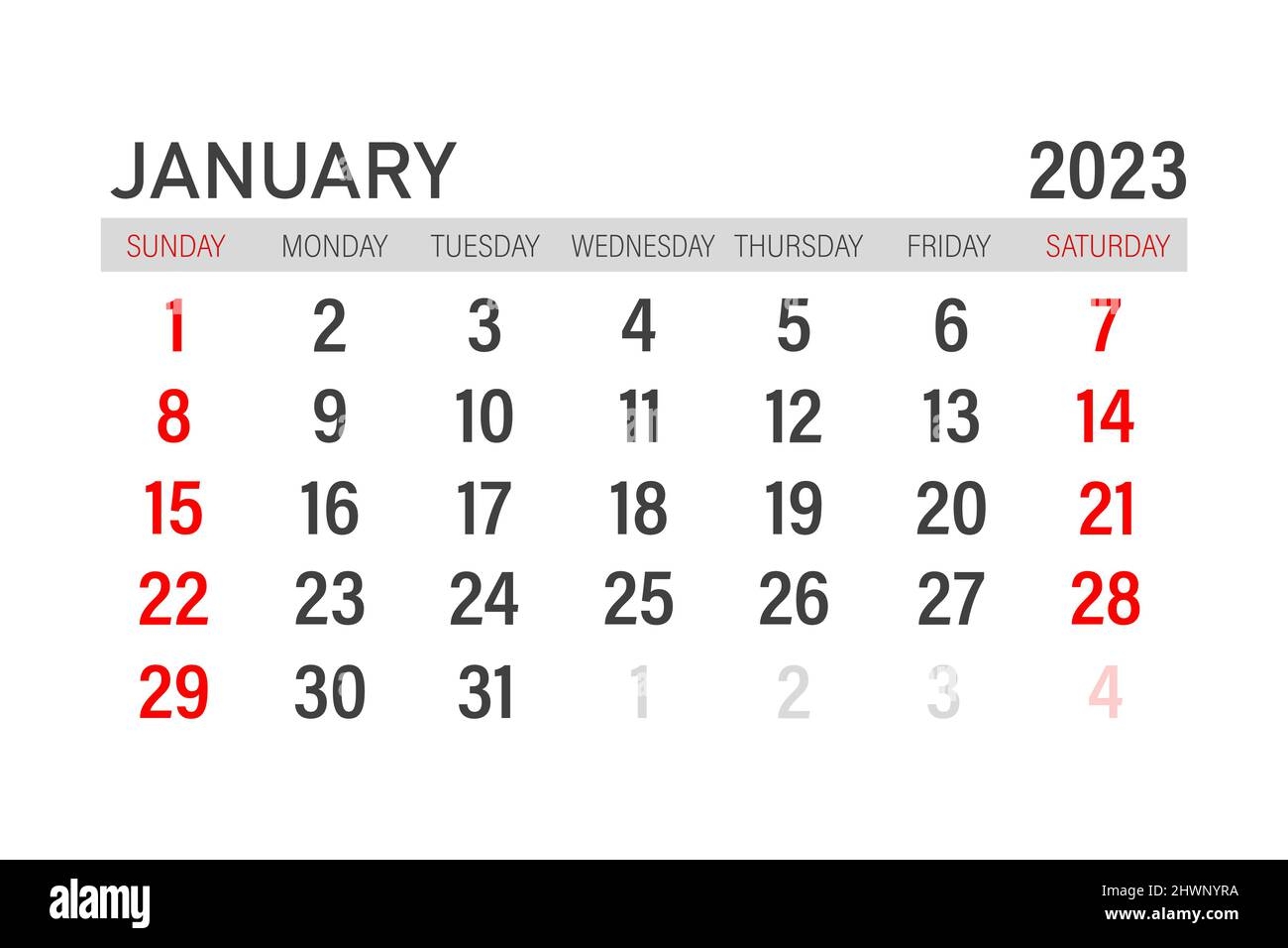 Calendar 2023 Template January 2023 Layout Printable Minimalist Monthly Planner Desk Calendar Design Week Start On Sunday Stock Vector Image Art Alamy