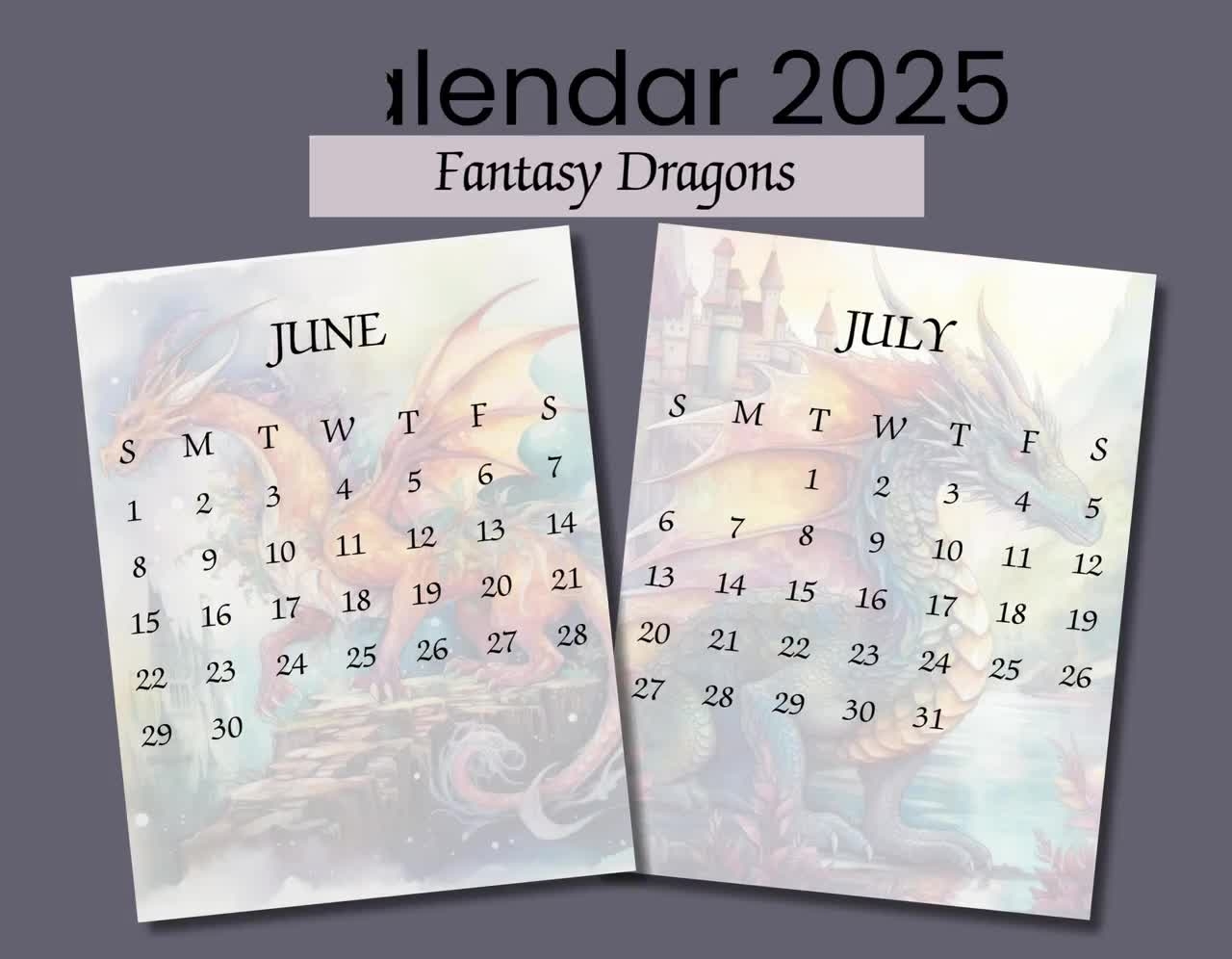 Calendar 2025 Fantasy Dragons Printable Fantasy Dragon Themed Calendar Majestic Dragon Art Instant Download For Fantasy Lovers Etsy
