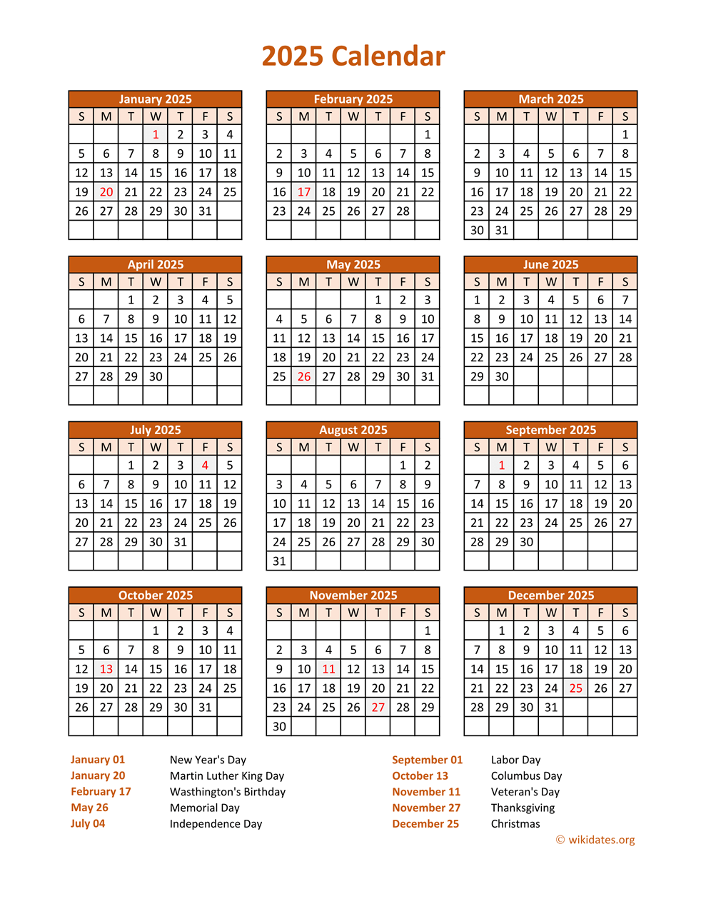 Calendar 2025 Vertical WikiDates