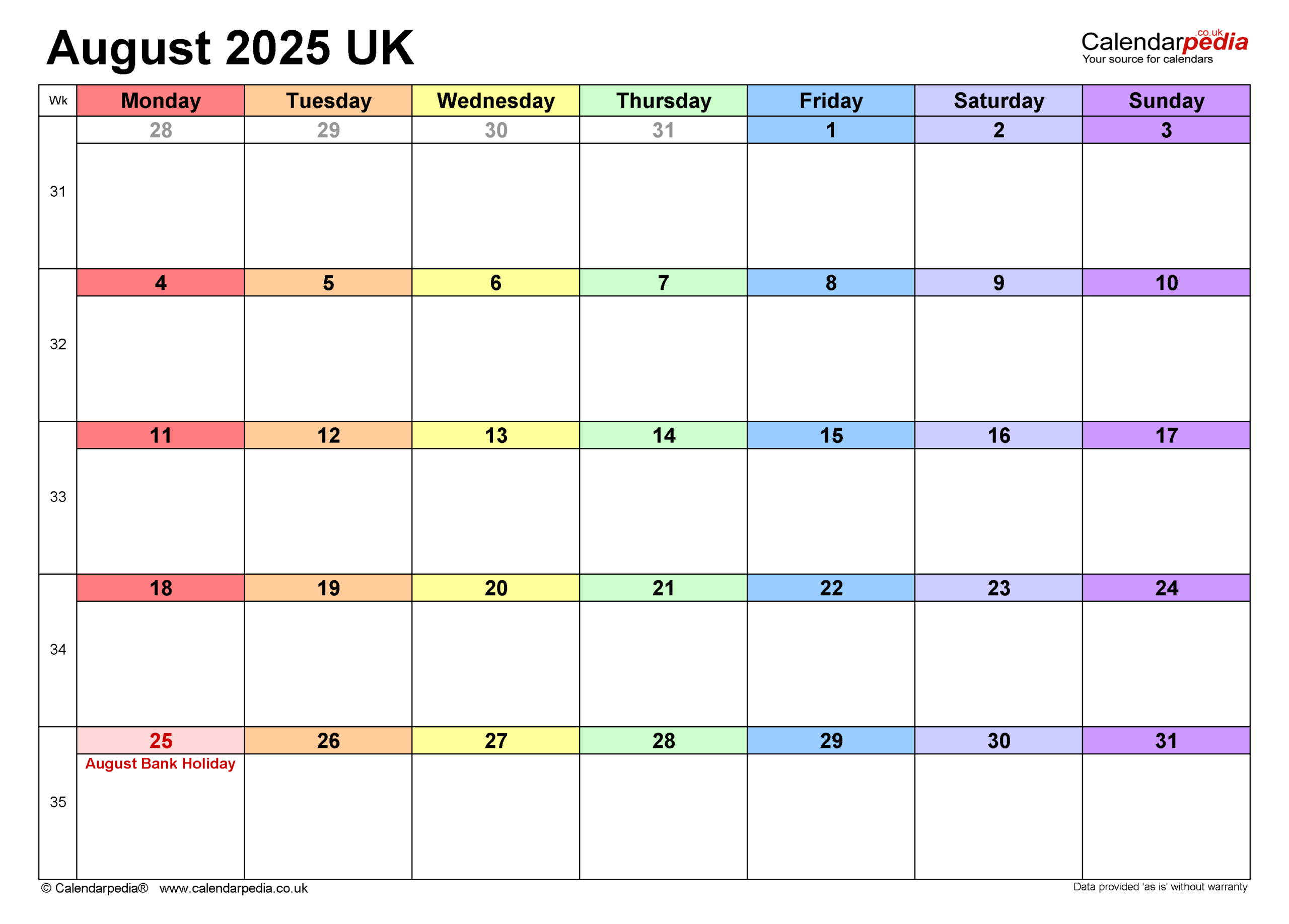 August Blank Printable Calendar