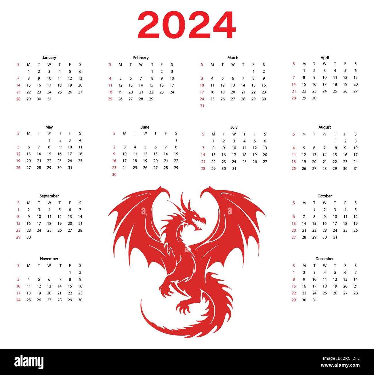 Calendar For 2024 Week Starts On Sunday Year Of The Dragon Vector Illustration Stock Vector Image Art Alamy