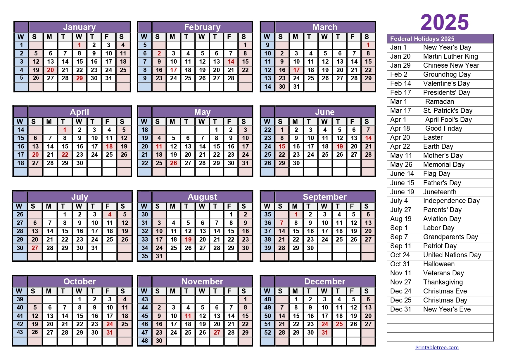 calendar weeks 2025 printable tree