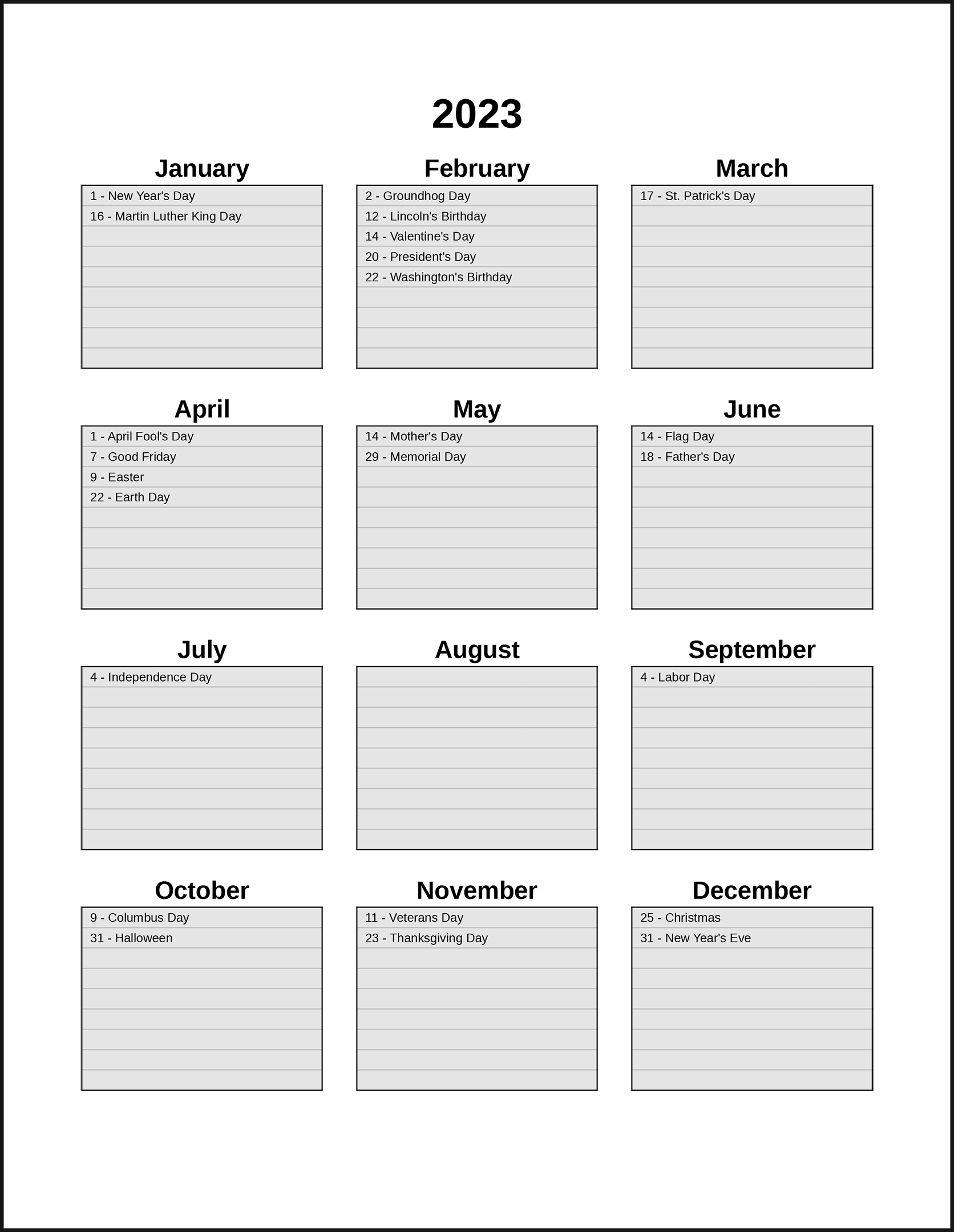 Printable Blank Yearly Calendar