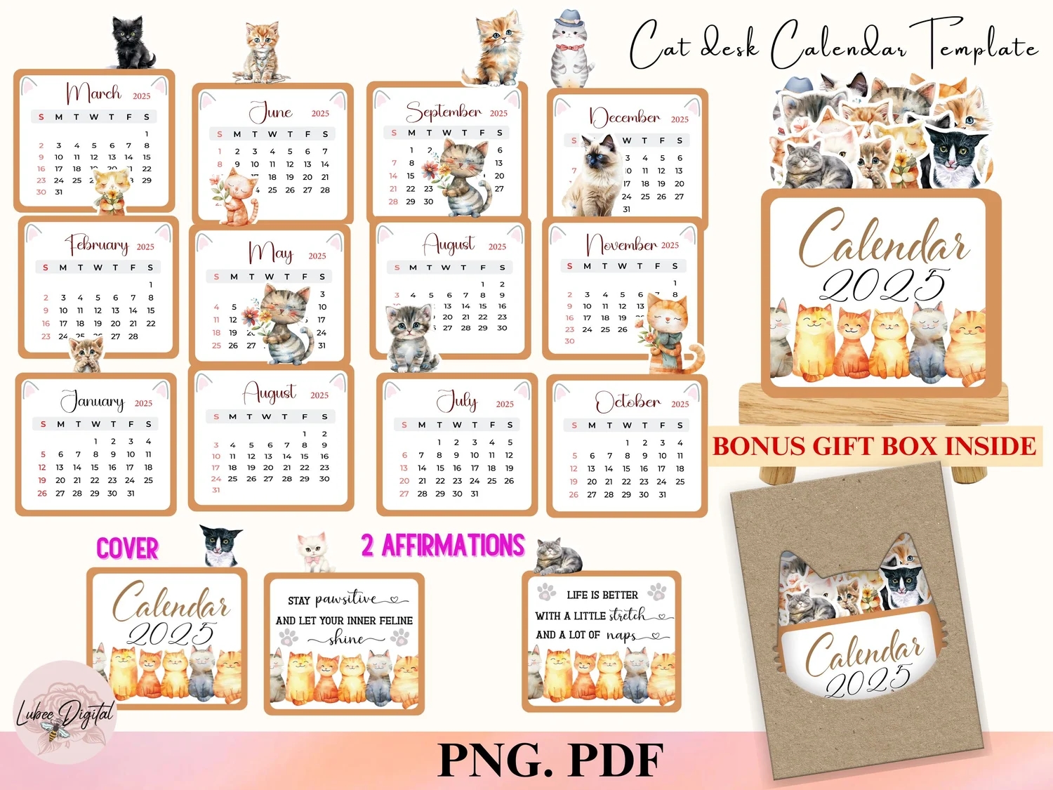 Cat Calendar 2025 Printable Mini Calendar DIY Pet Calendar Small Calendar 2025 Cut File Cricut Cat Gift Cat Lovers Cat Mom Desk Planner