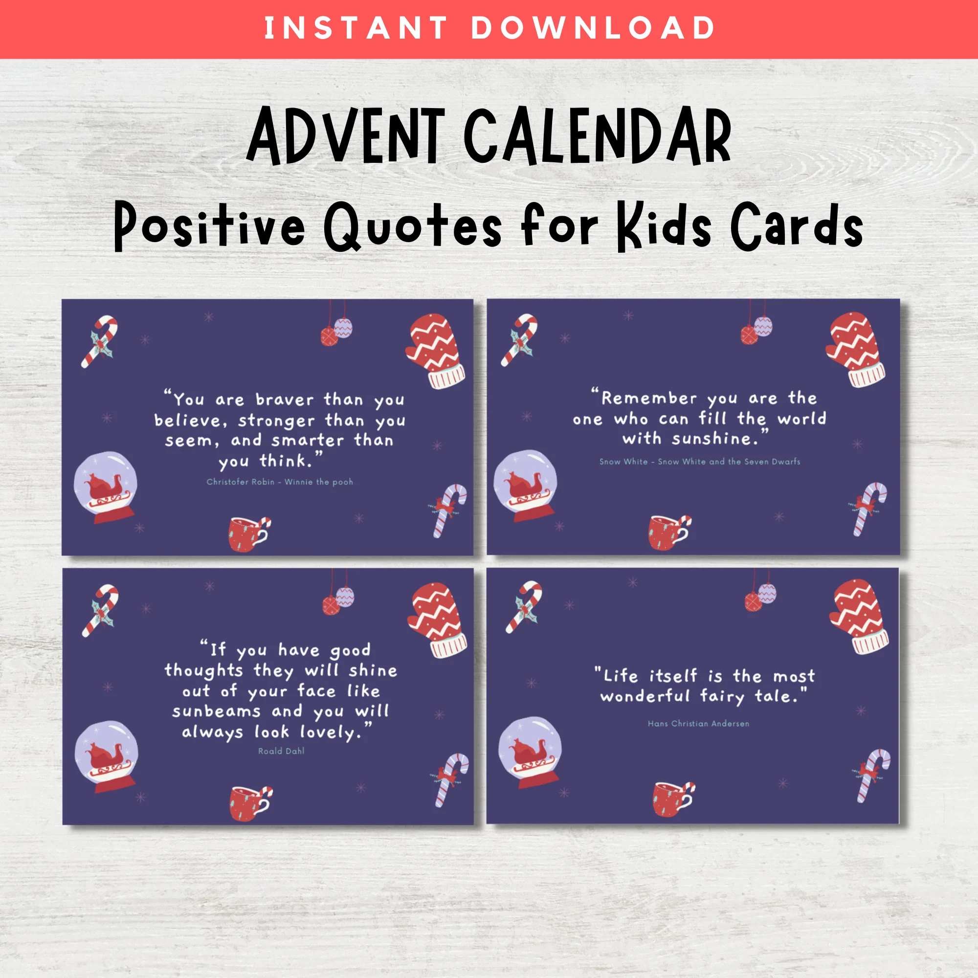 Christmas Advent Calendar Positive Quotes Cards Countdown To Christmas Printable Advent Cards Inspirational Quotes For Kids Etsy