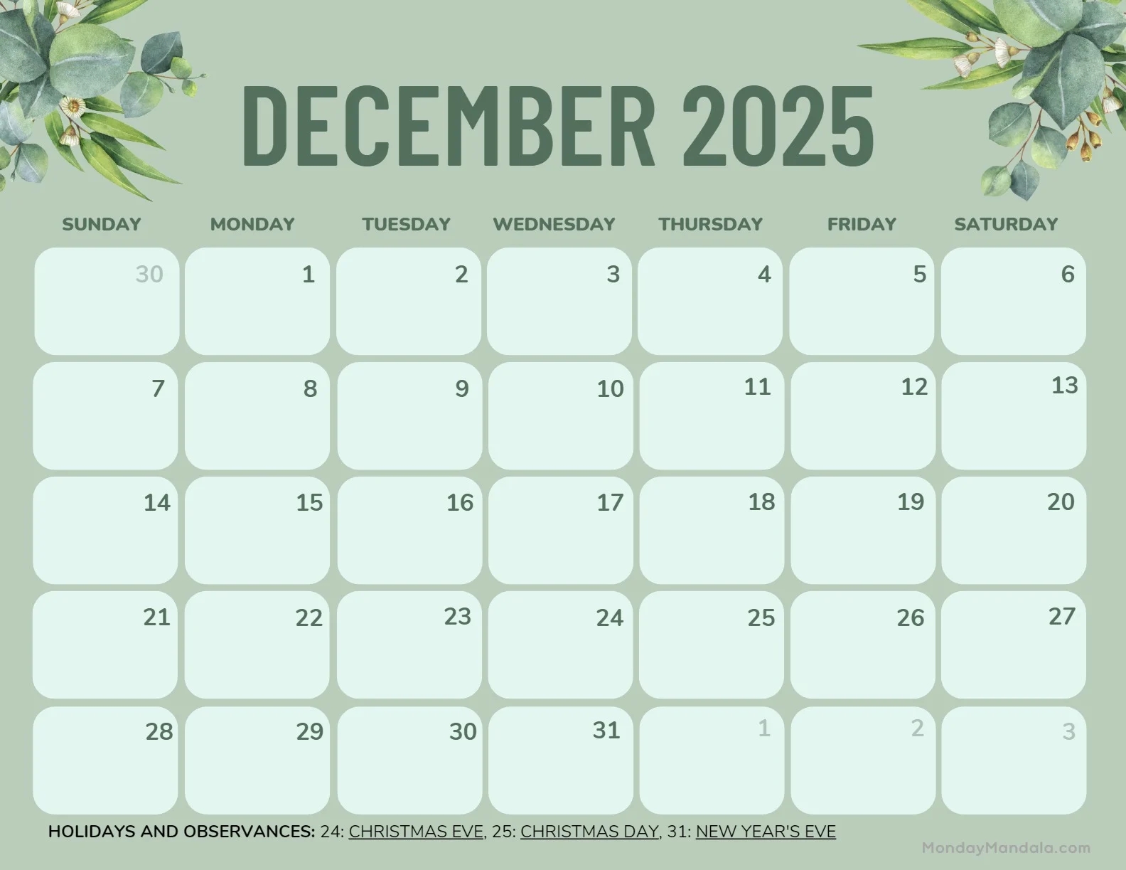Calendar Printable December 2025