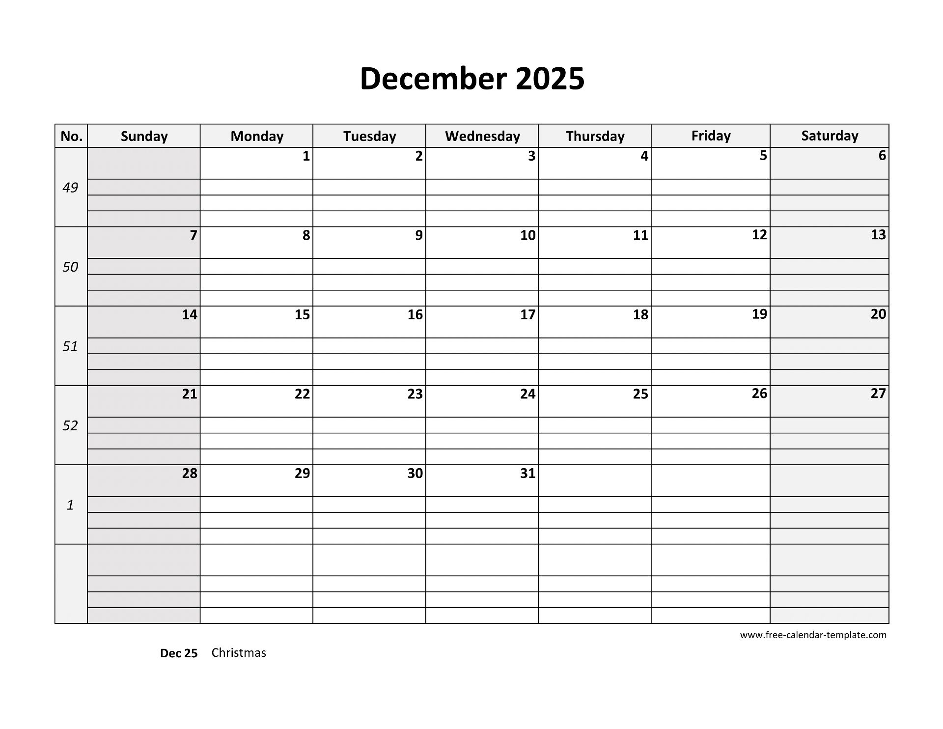 December 2025 Calendar Free Printable With Grid Lines Designed horizontal Free calendar template December 2025 Calendar Free Printable With Grid Lines Designed horizontal Free calendar template