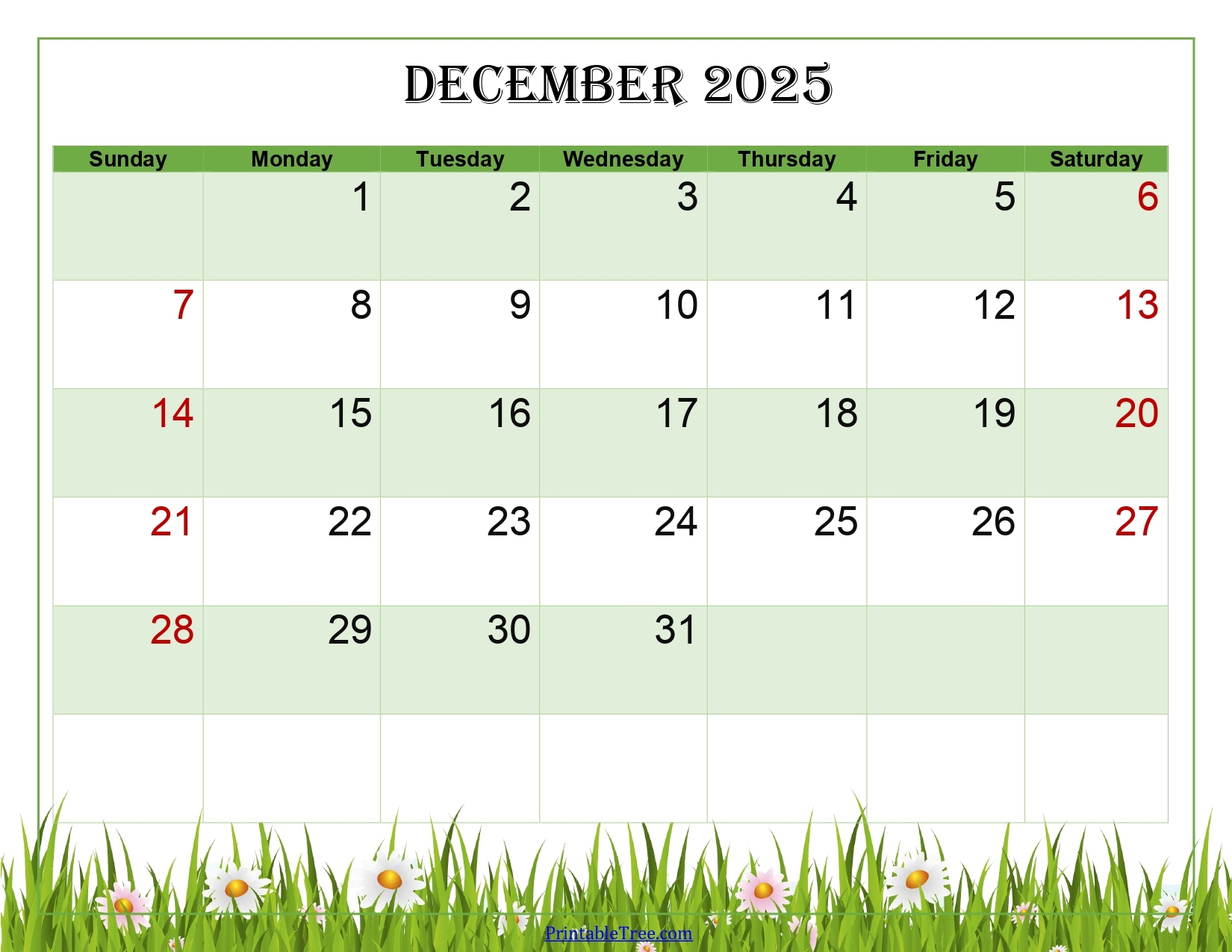 December 2025 Calendar Printable With Large Print December 2025 Calendar Printable With Large Print