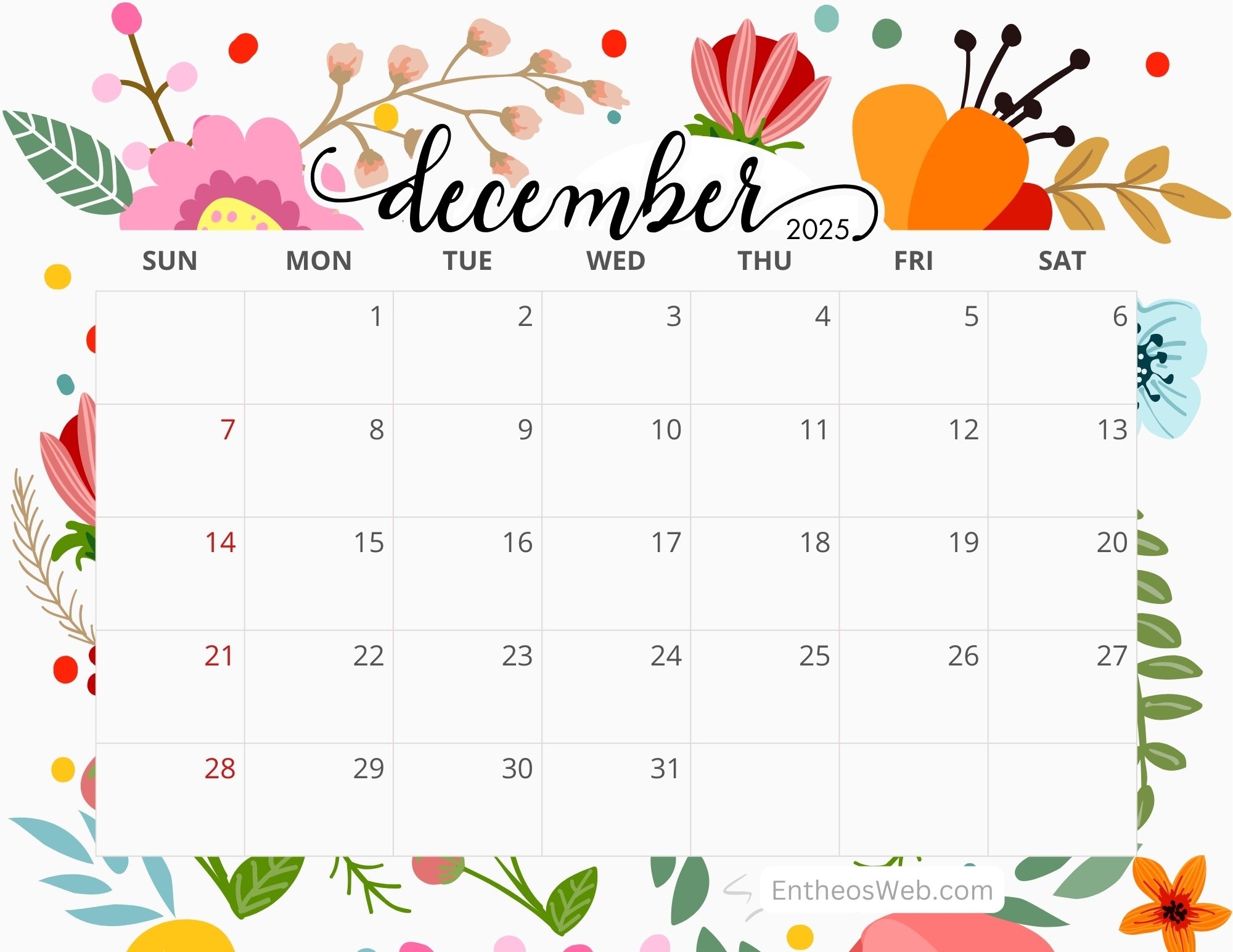 December 2025 Calendar Printables EntheosWeb