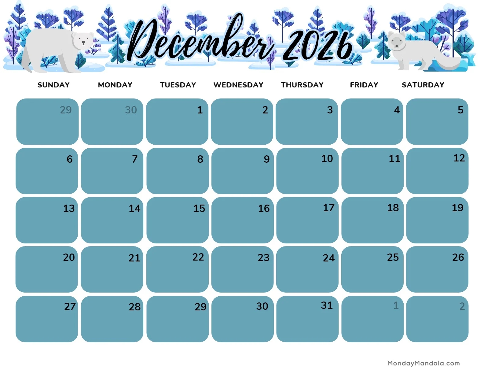 Free December Printable Calendar