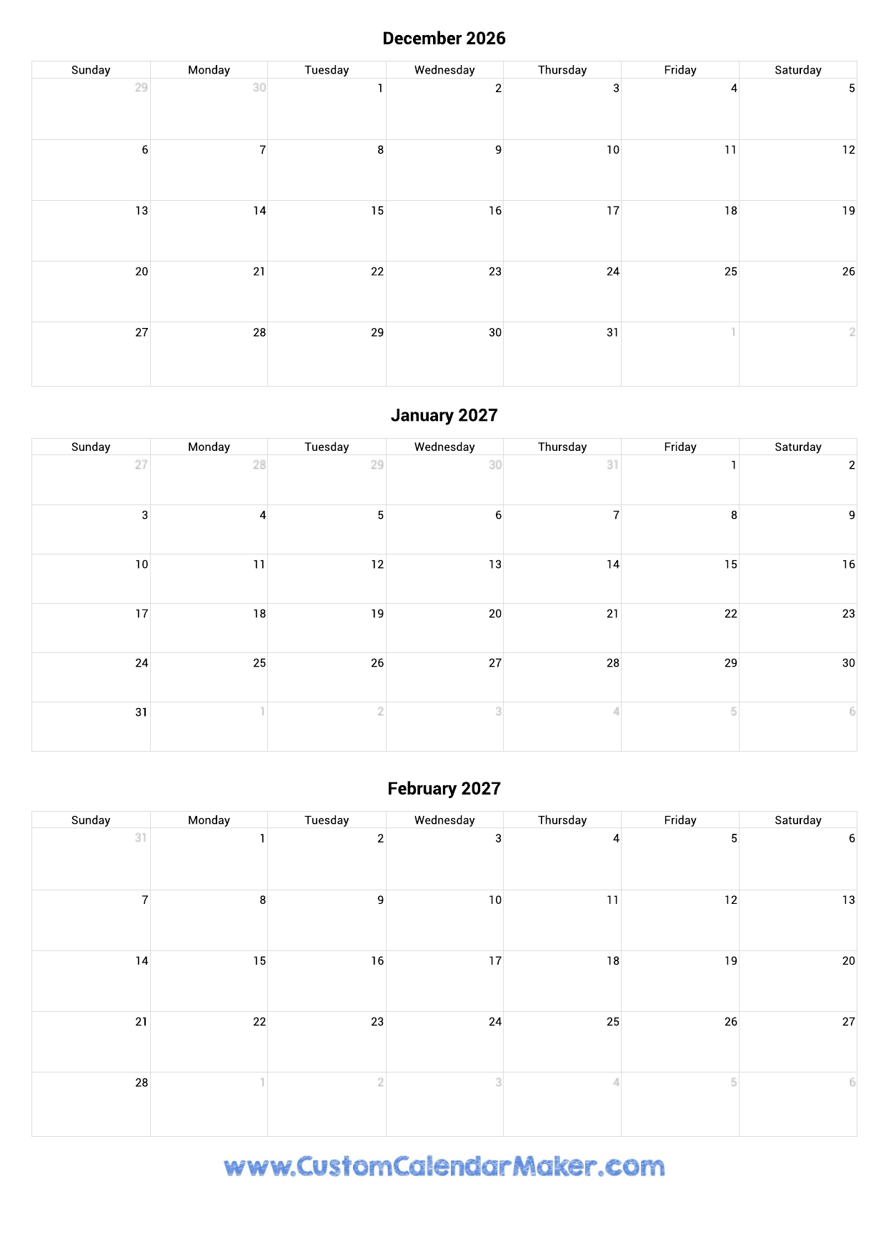 December 2026 To February 2027 Calendar Printable Custom Calendar Maker