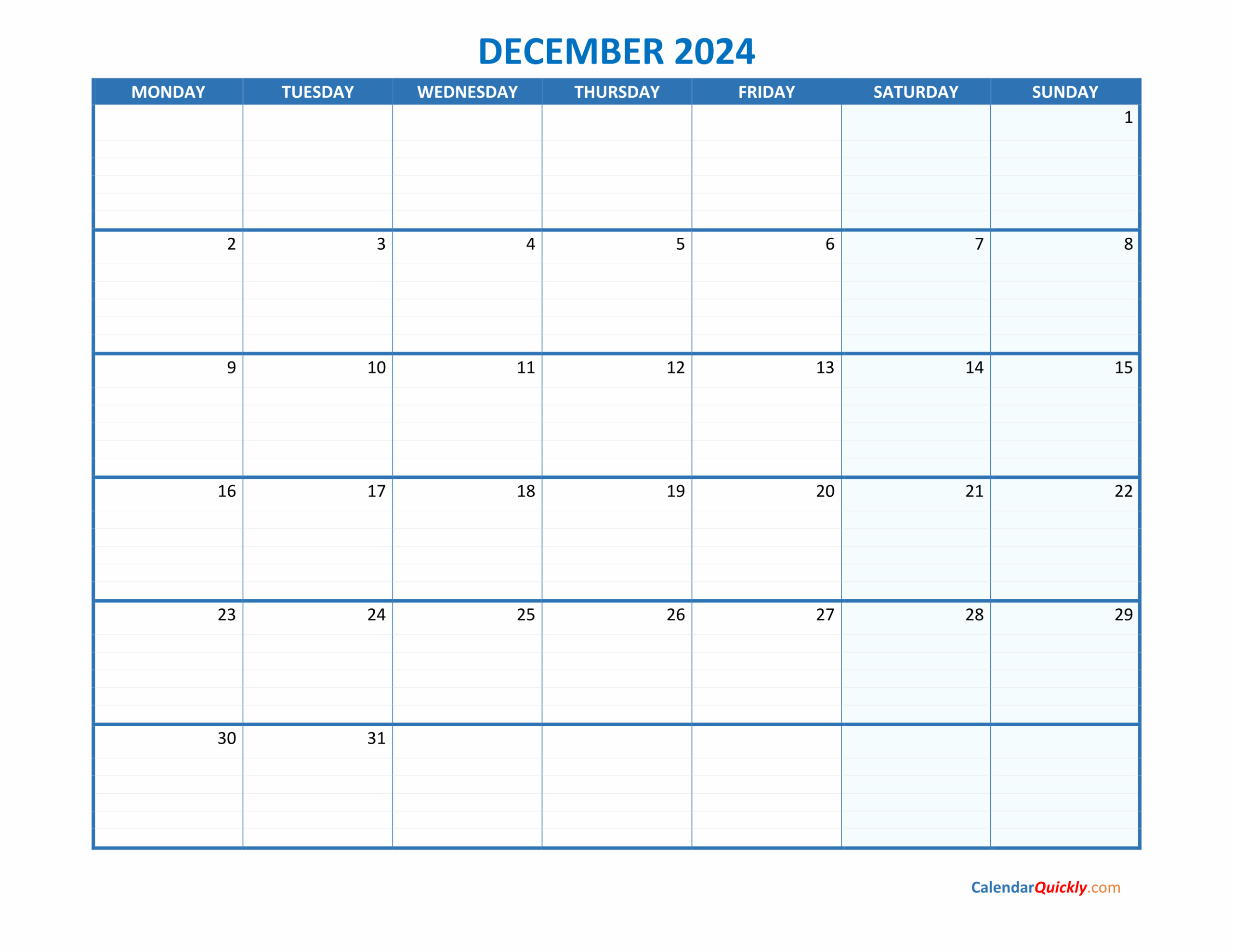 December Monday 2024 Blank Calendar Calendar Quickly