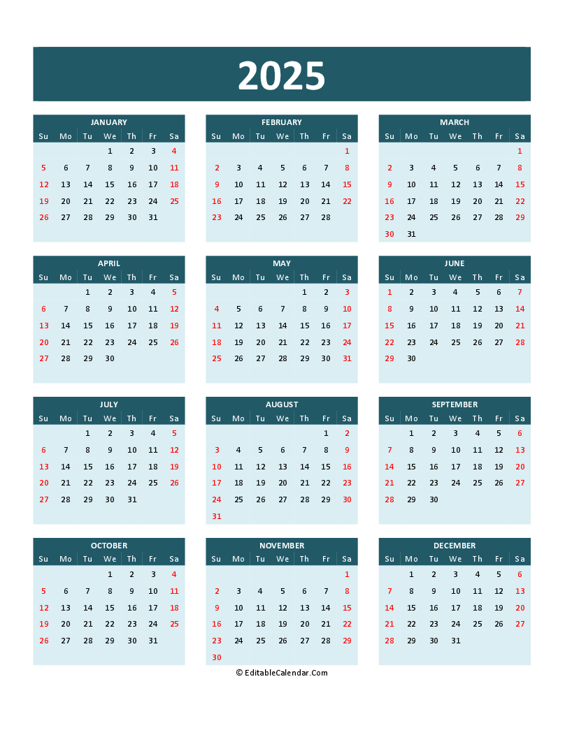 2025 Free Printable Word Calendar
