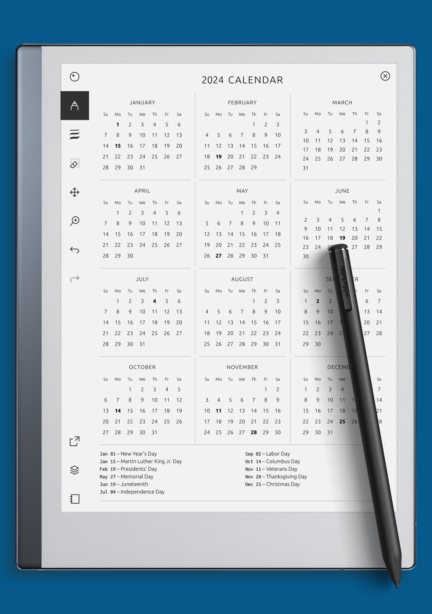 Download Printable Annual Calendar Template With Holidays PDF