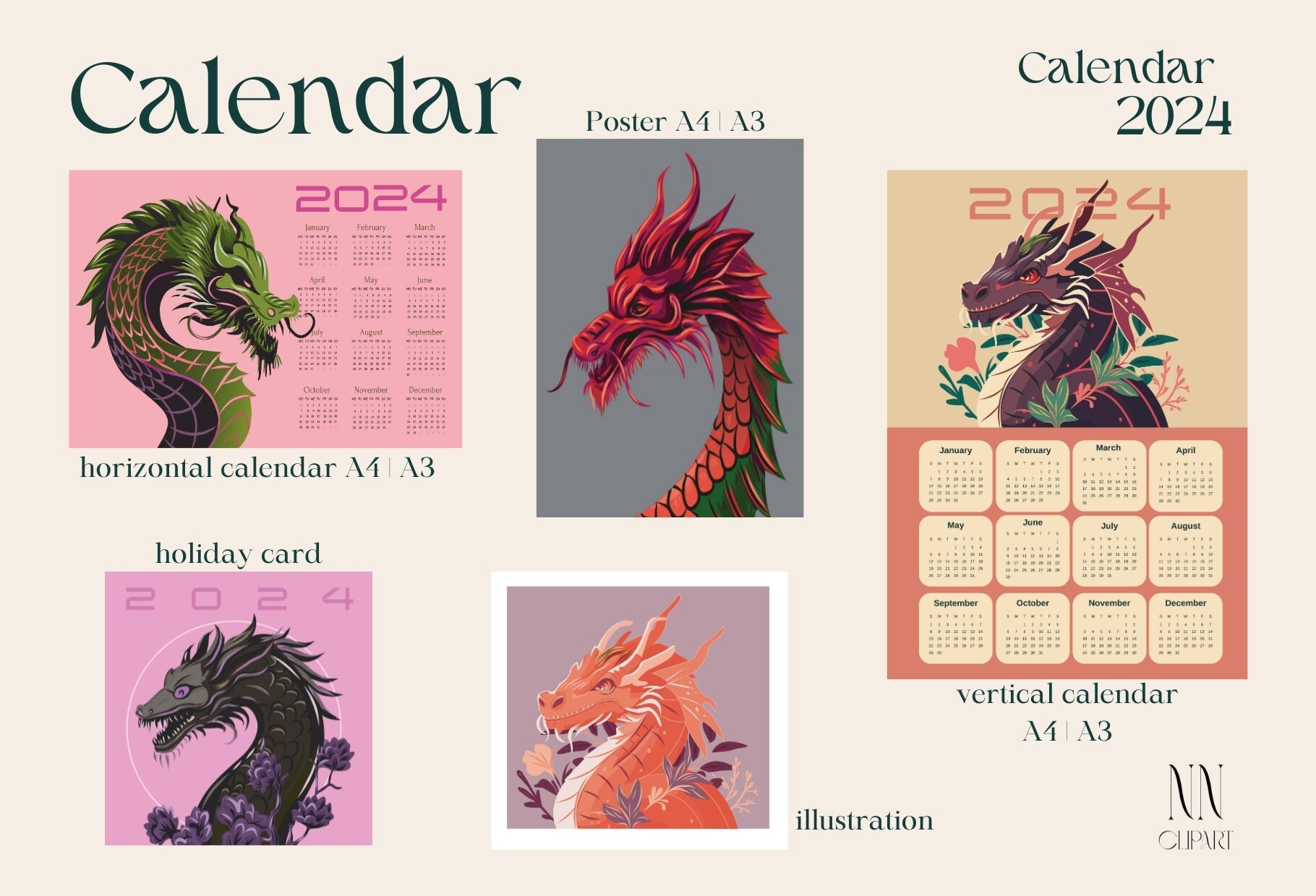 Dragon Calendar Templates 2024 By NNclipart TheHungryJPEG