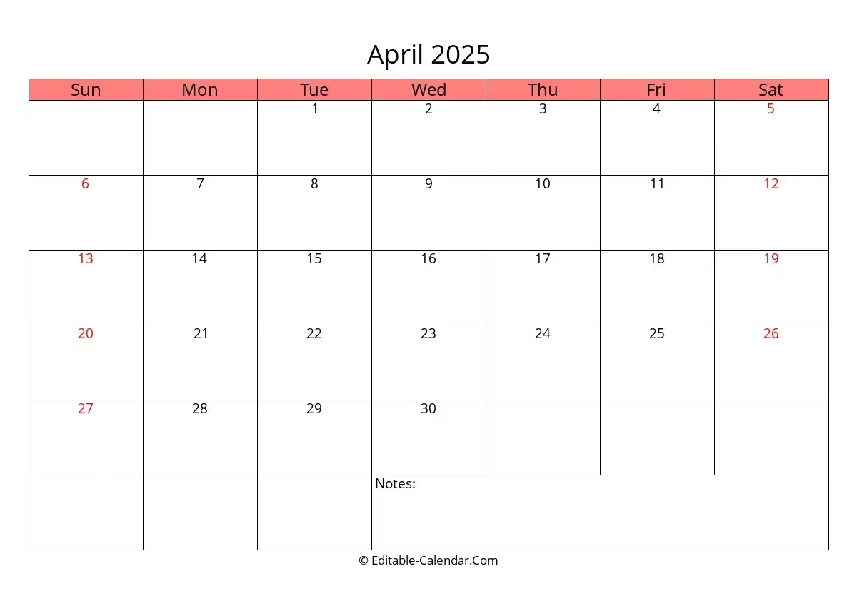 Editable Calendar April 2025 In Excel Word PDF