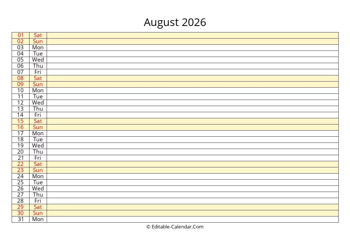 August 2026 Calendar Printable With Lines