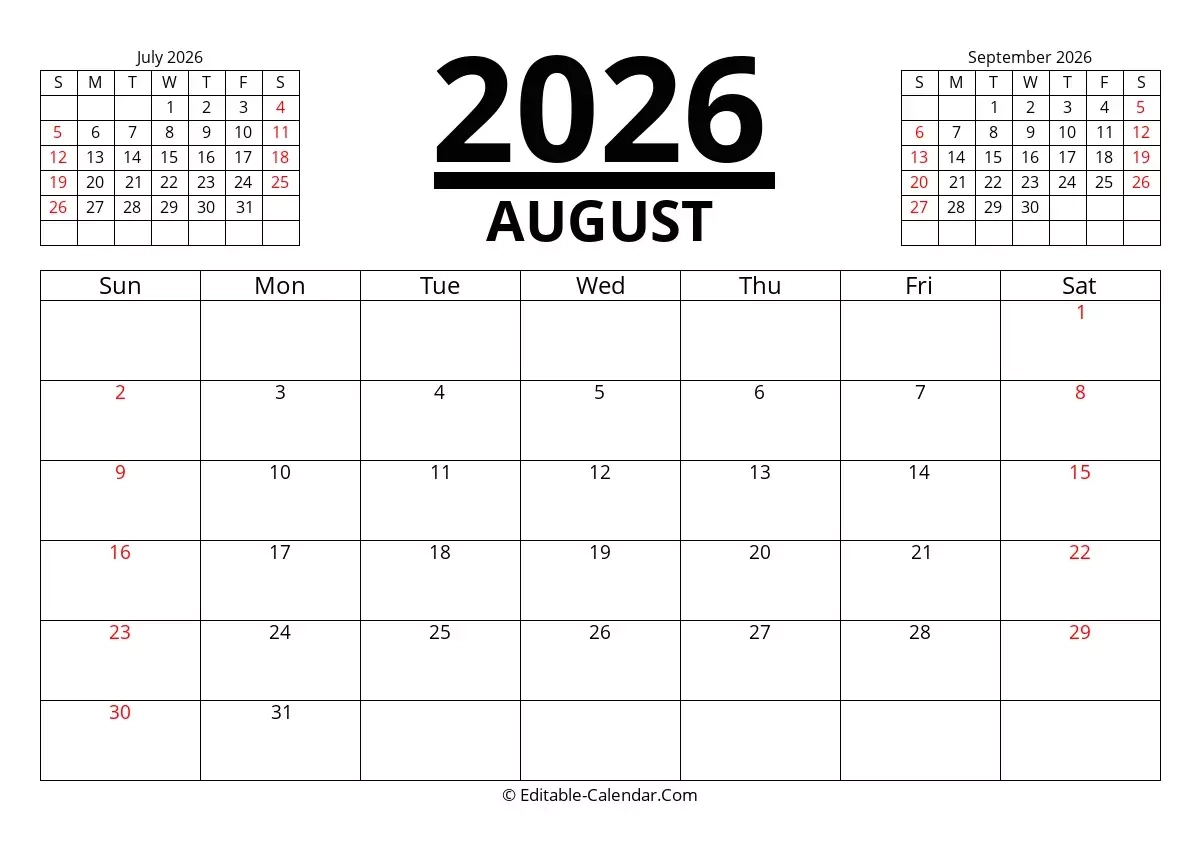Editable Calendar August 2026 In Excel Word PDF Editable Calendar August 2026 In Excel Word PDF
