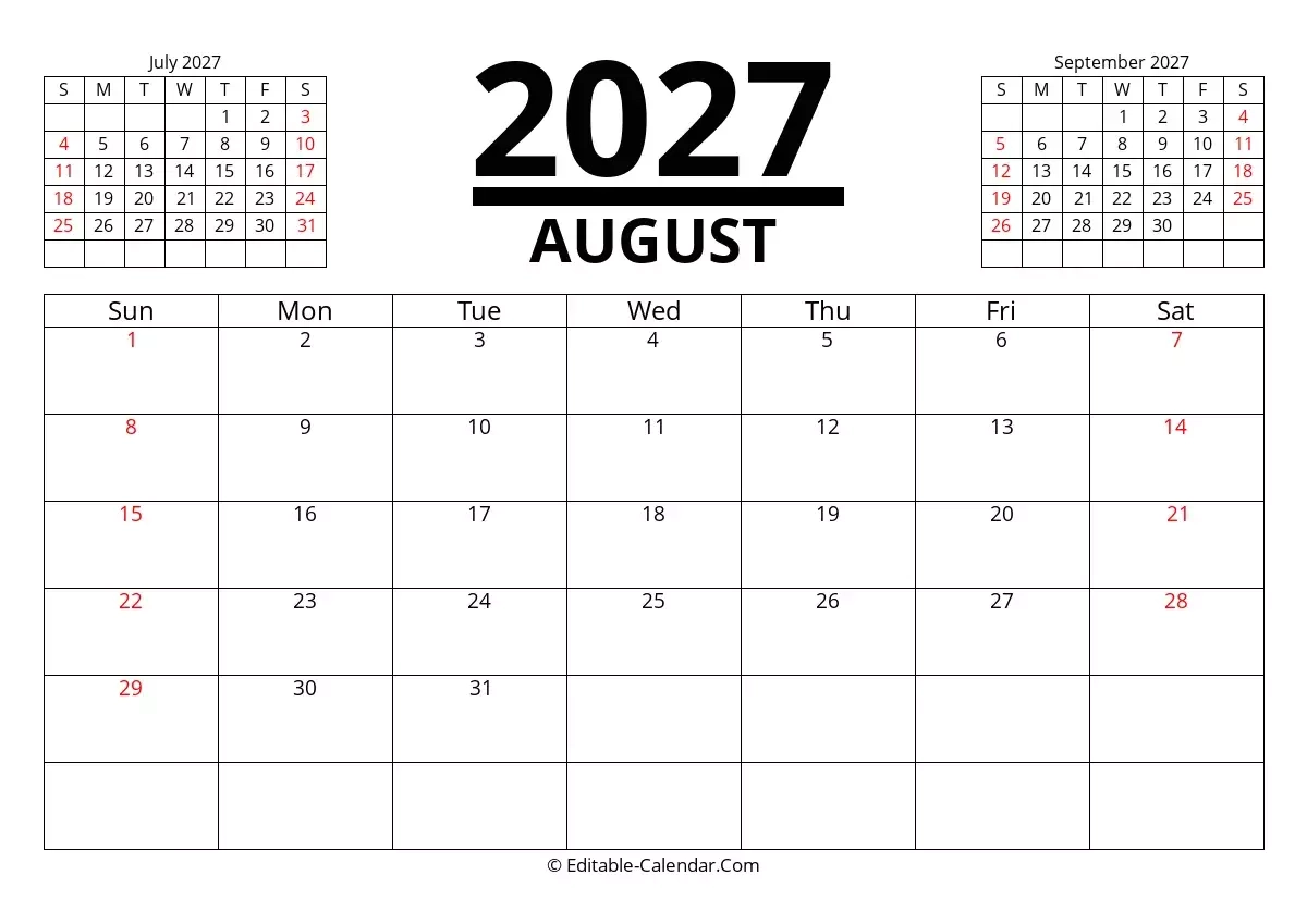Editable Calendar August 2027 In Excel Word PDF