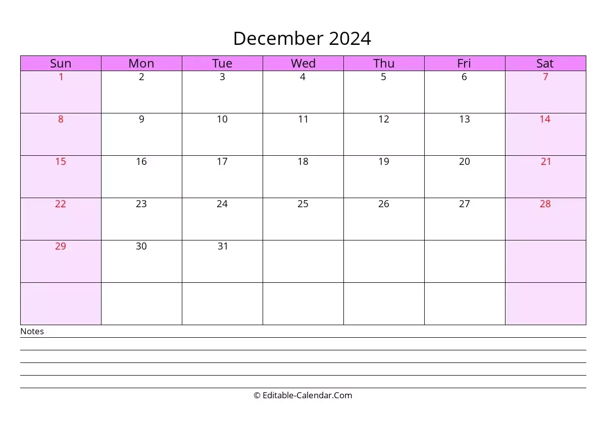 Editable Calendar December 2024 In Excel Word PDF