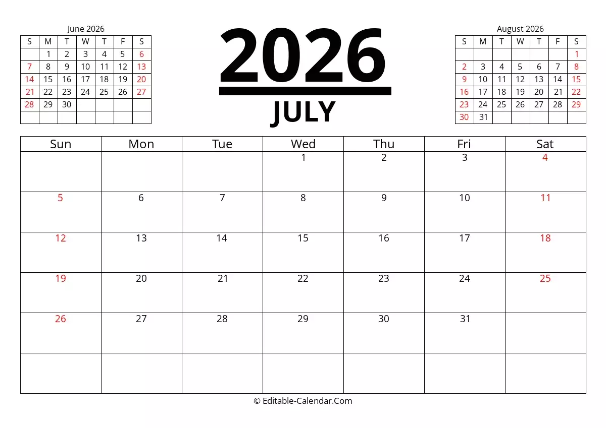 July 2026 Blank Calendar Printable
