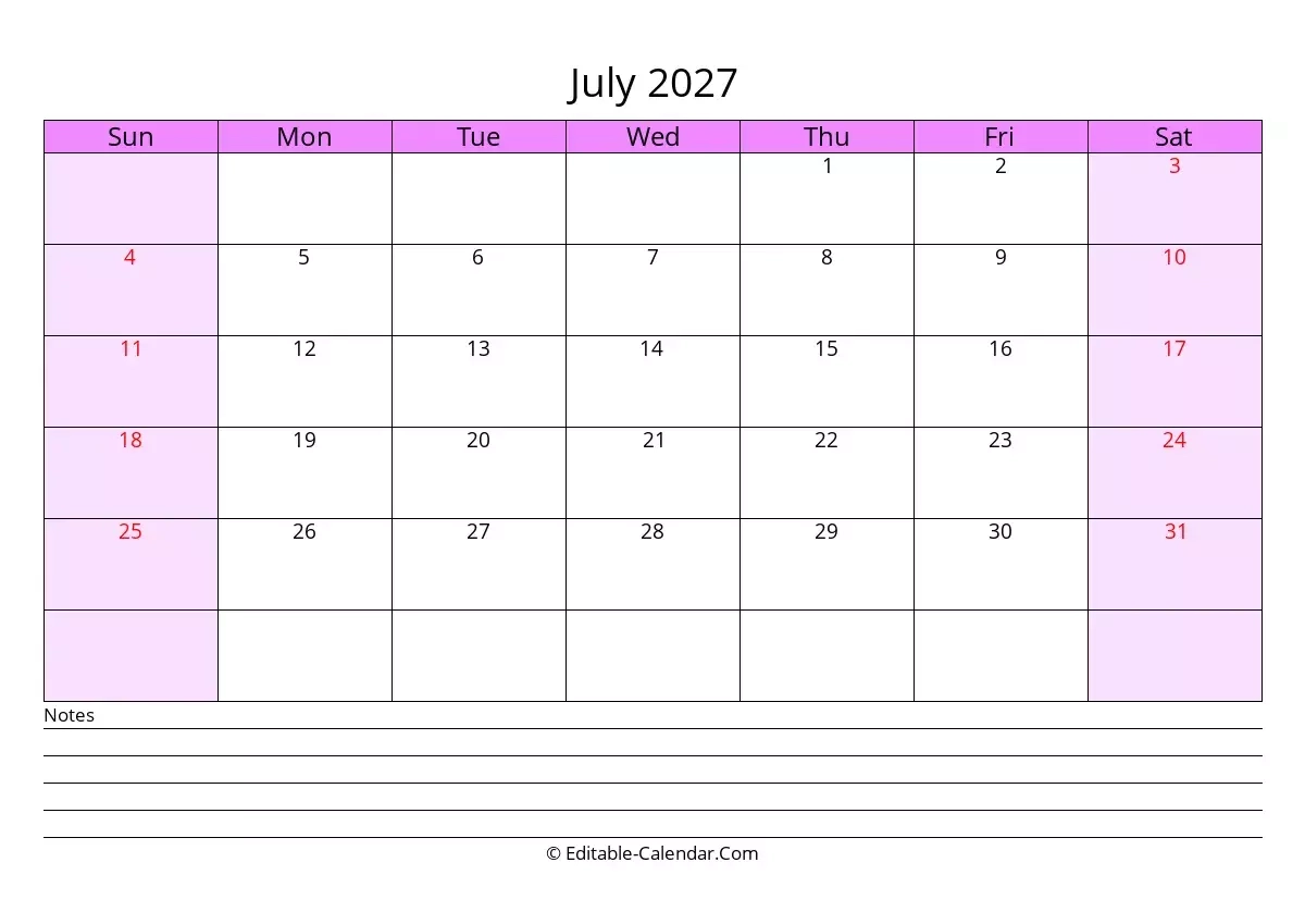 June July And August 2027 Printable Calendar