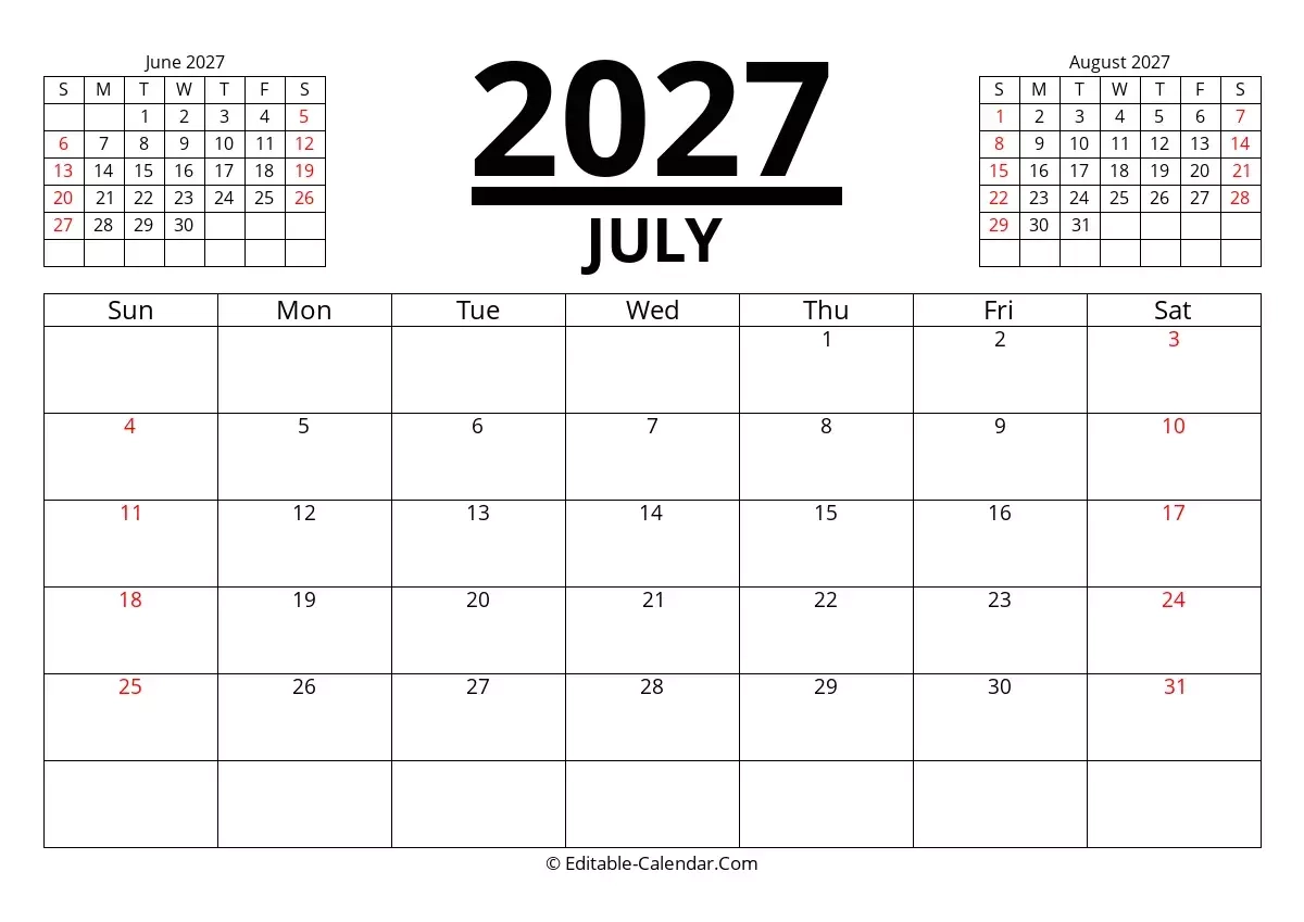 Printable Monthly Calendar June July August 2027
