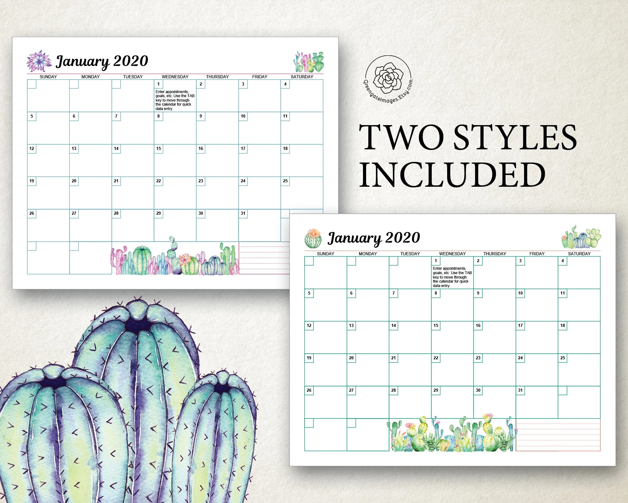 Editable Calendar Templates Blank Calendar Pages Watercolor Cactus Calendar 8 5x11 Landscape Printable Pdf Any Month And Year Etsy