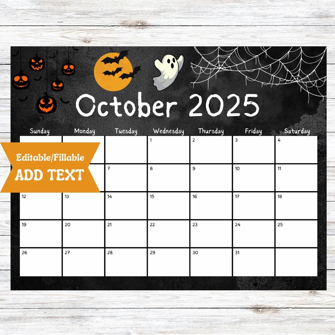 Editable October 2025 Calendar Printable Fillable Digital Download Fall Planner School Office Template Halloween Black Spooky Ghost Etsy