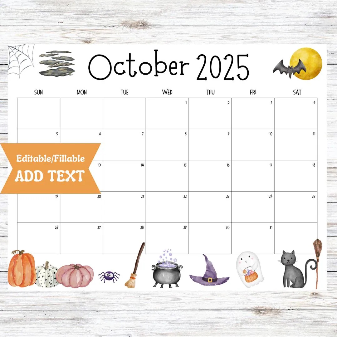 Editable October Calendar 2025 Printable