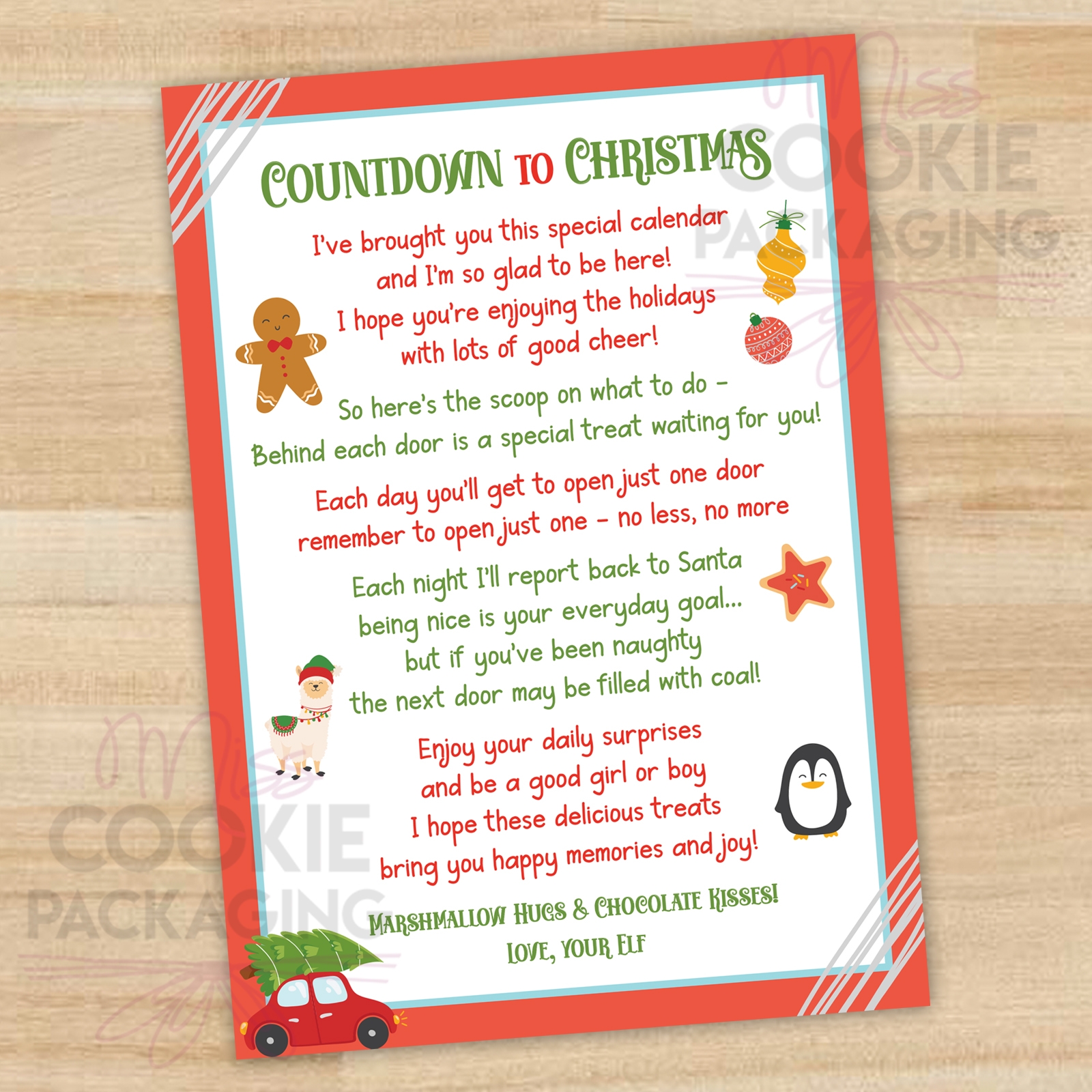Elf Poem Card Red Advent Calendar DIGITAL FILE 5 X 7 Miss Cookie Packaging
