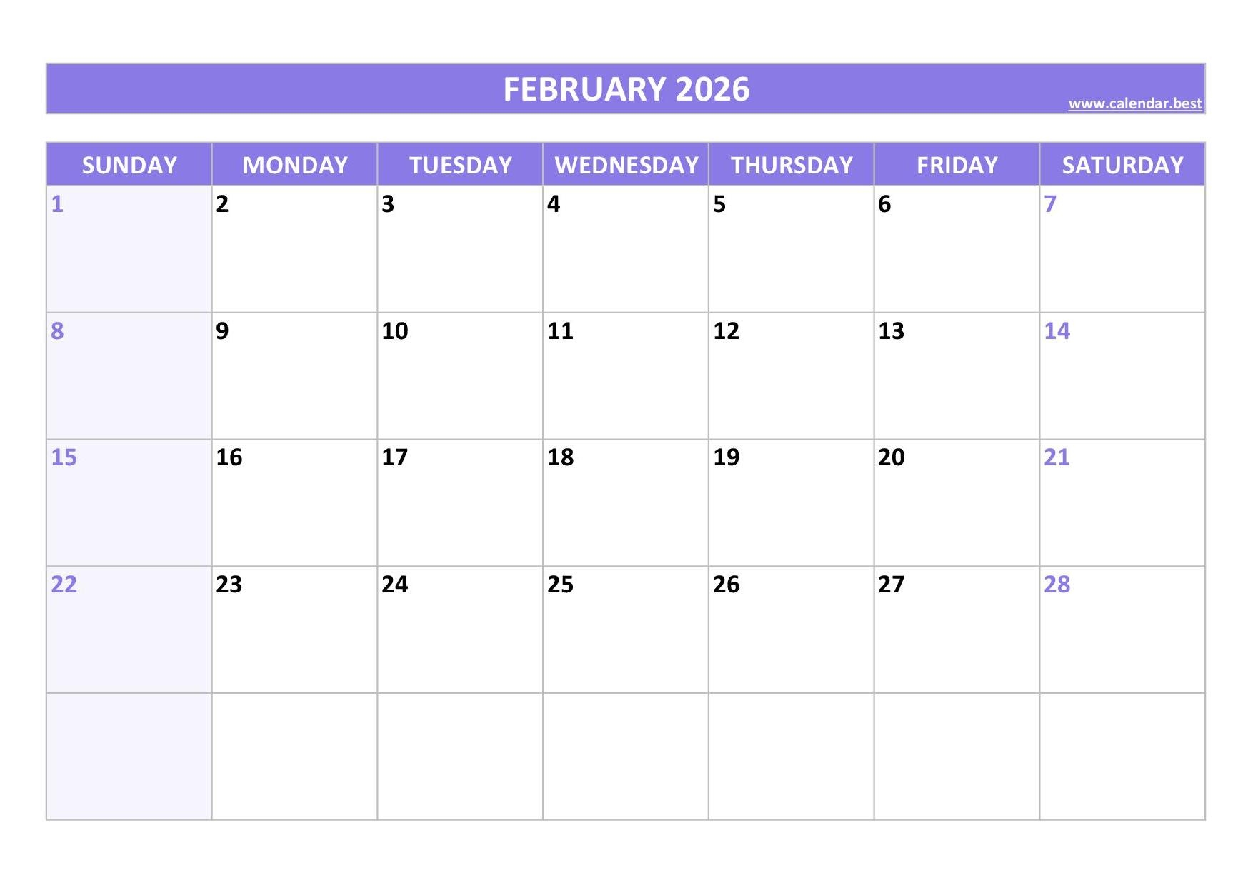 February 2026 Calendar Calendar best