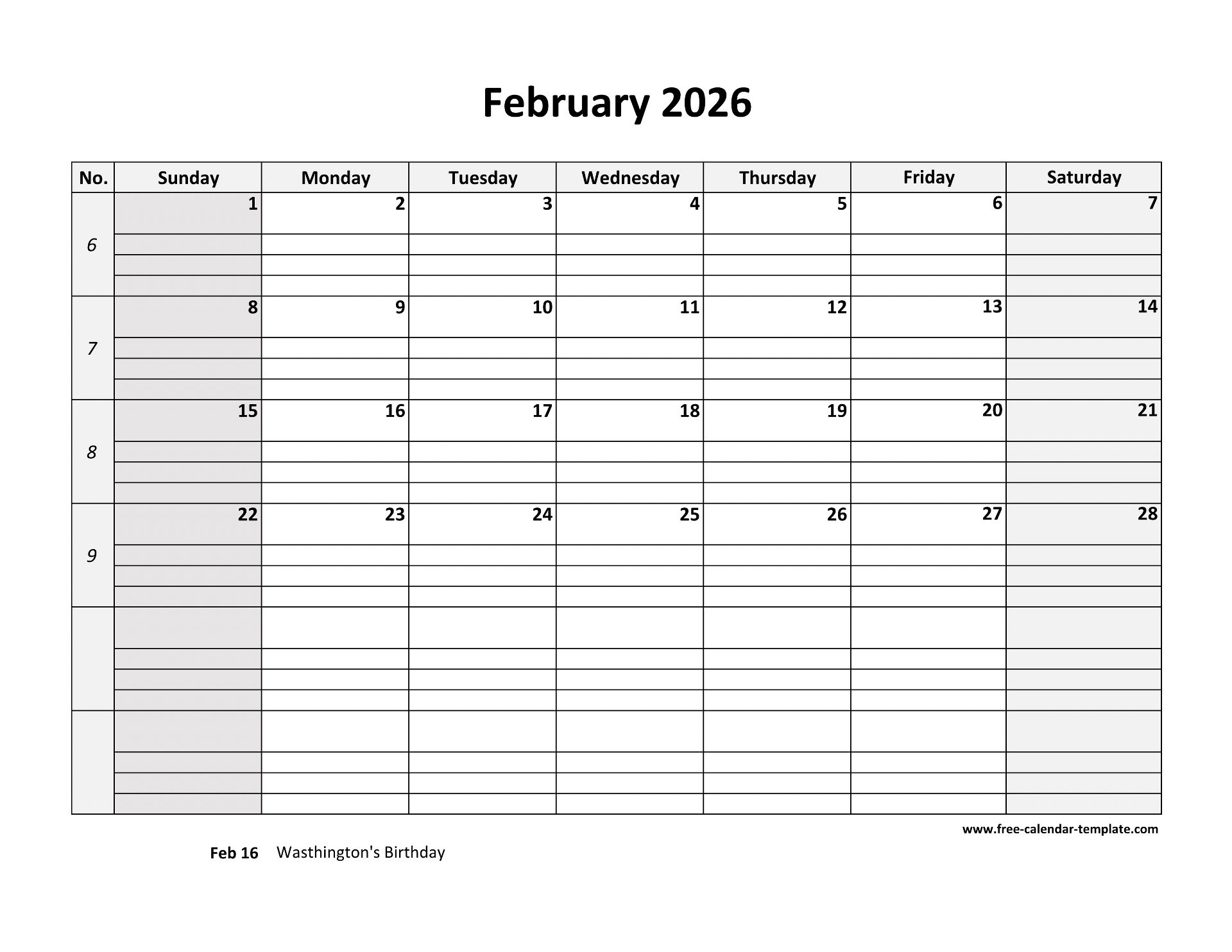 February 2026 Calendar Free Printable With Grid Lines Designed horizontal Free calendar template