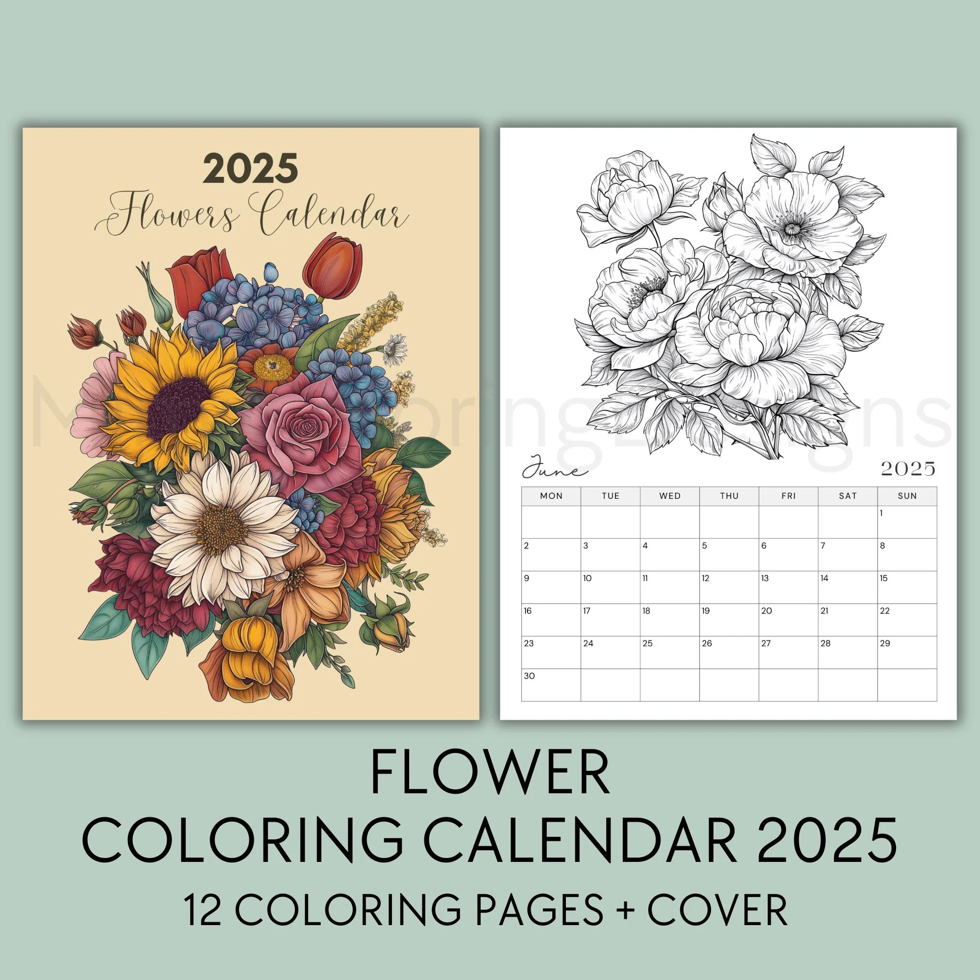 Floral Coloring Calendar 2025 Printable 2025 Monthly Planner Flower Calendar Botanical Flower Lover Gift Wall Calendar Printable PDF Etsy