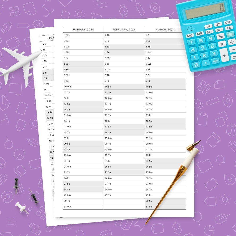 four pages yearly calendar vertical style template printable pdf