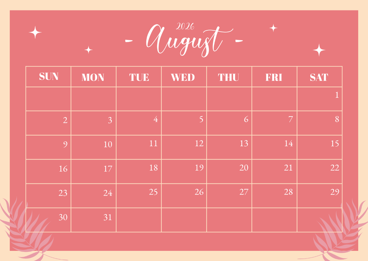 Blank August 2026 Calendar Printable