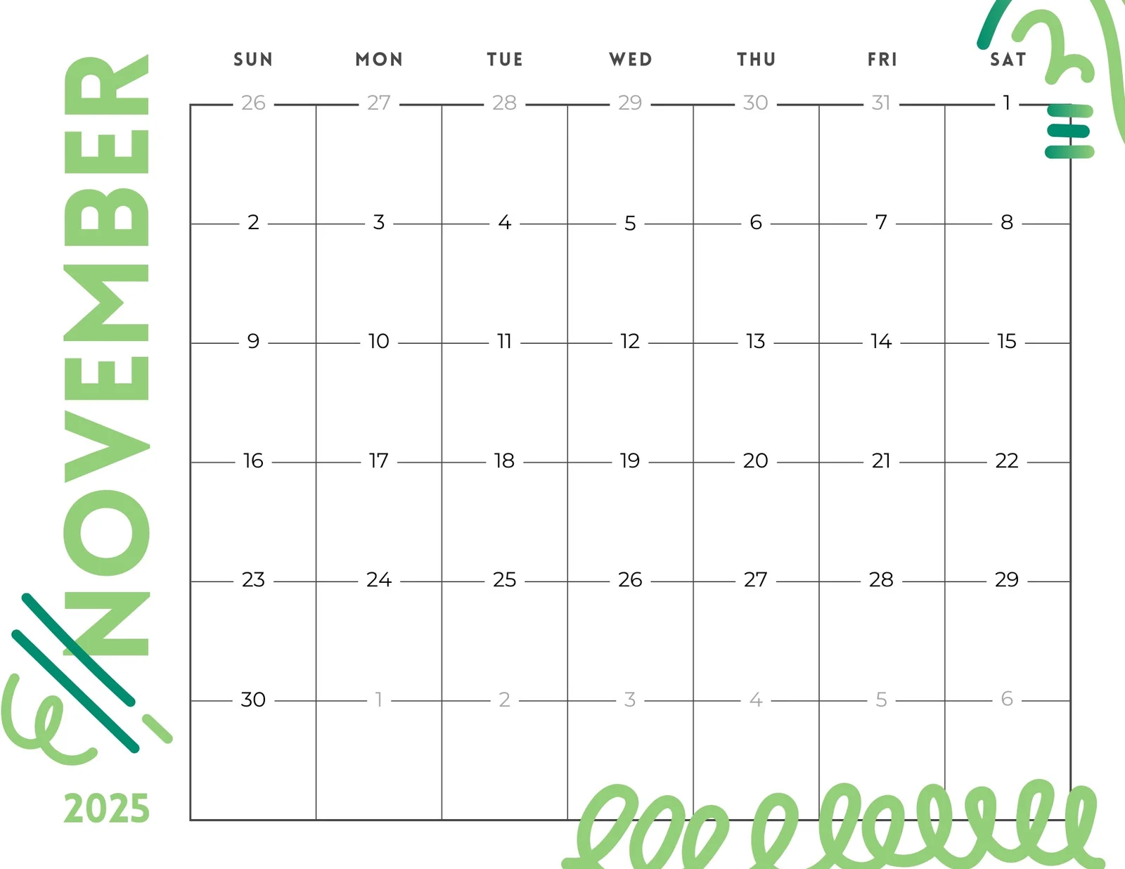 Printable Blank November 2025 Calendar