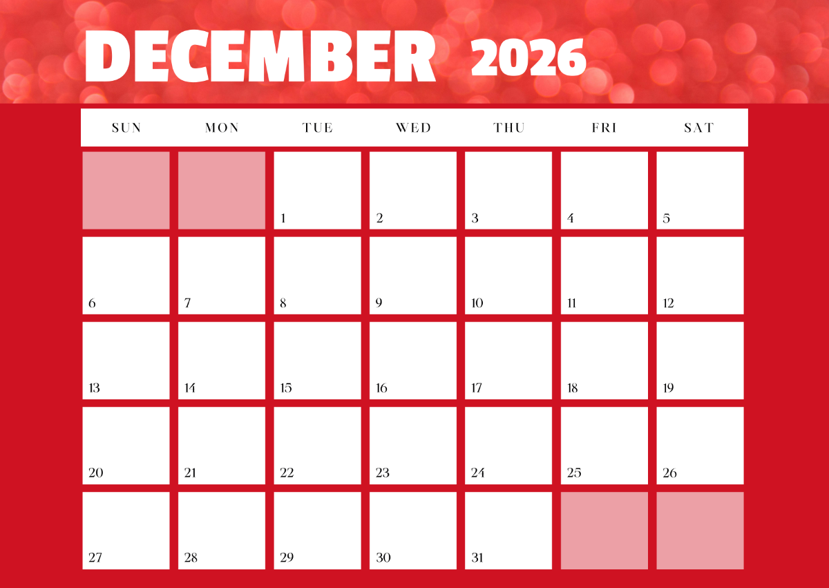 Dec 2026 Printable Calendar Vertical Blank