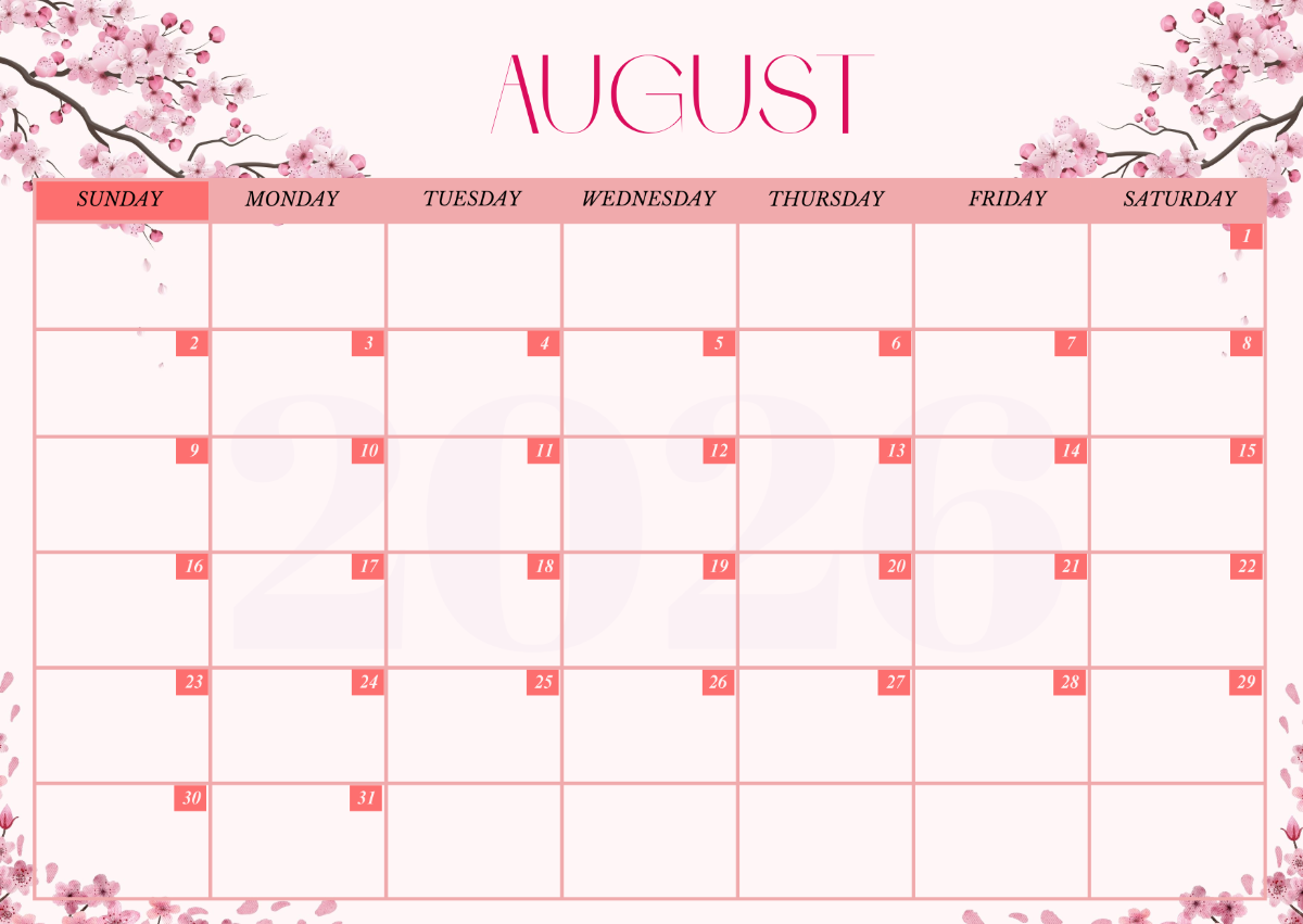 Free Cherry Blossom August 2026 Calendar Template To Edit Online