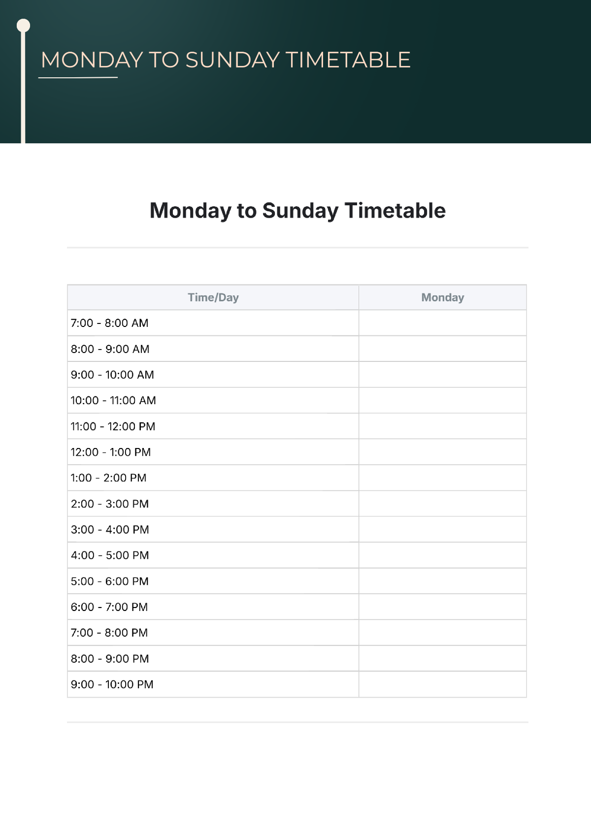 Free Monday To Sunday Timetable Template To Edit Online