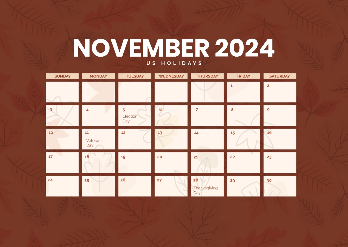 Free November 2024 Calendar With Holidays USA Template To Edit Online
