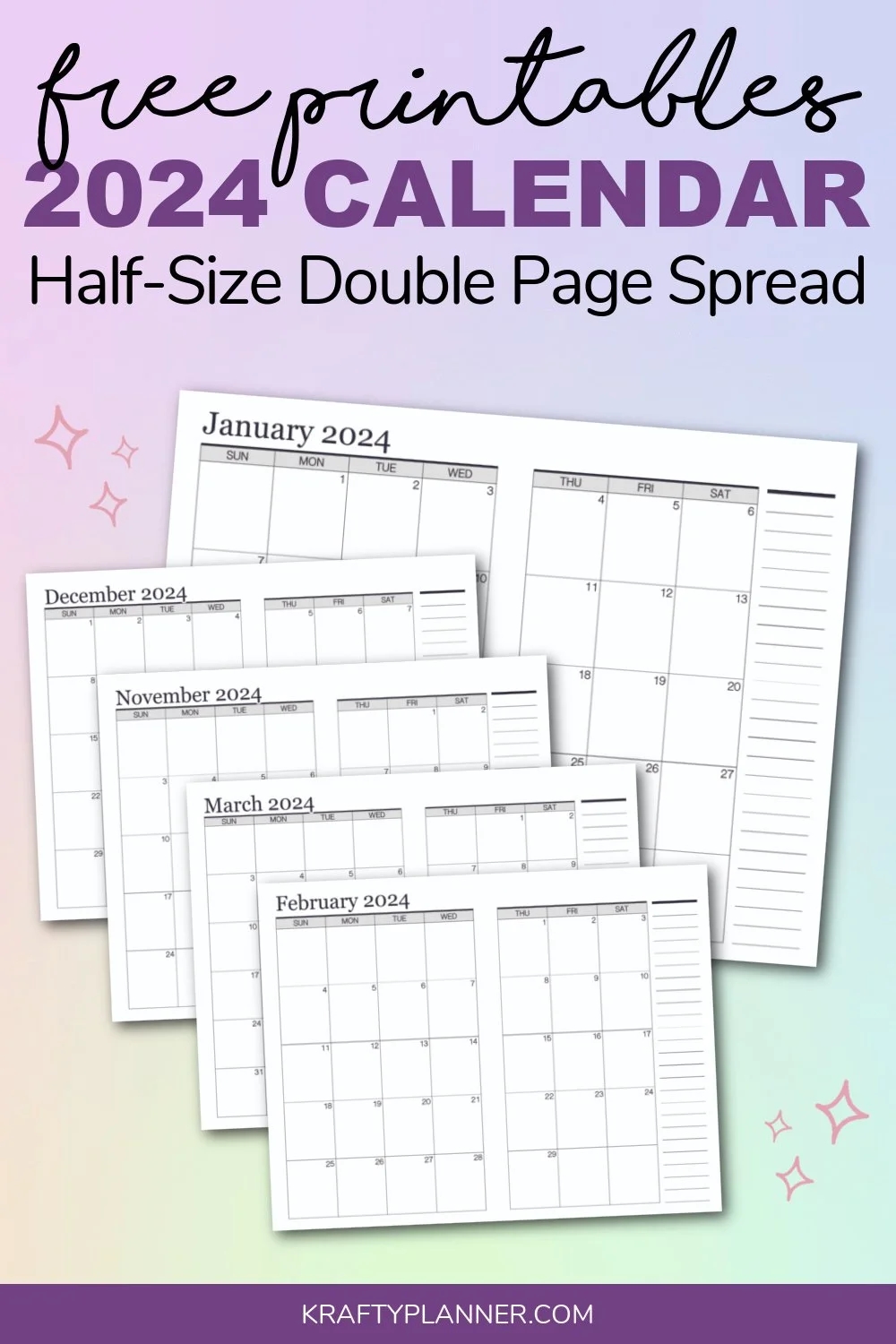 Free Printable 2024 Calendar Half Size Double Page Spread Krafty Planner