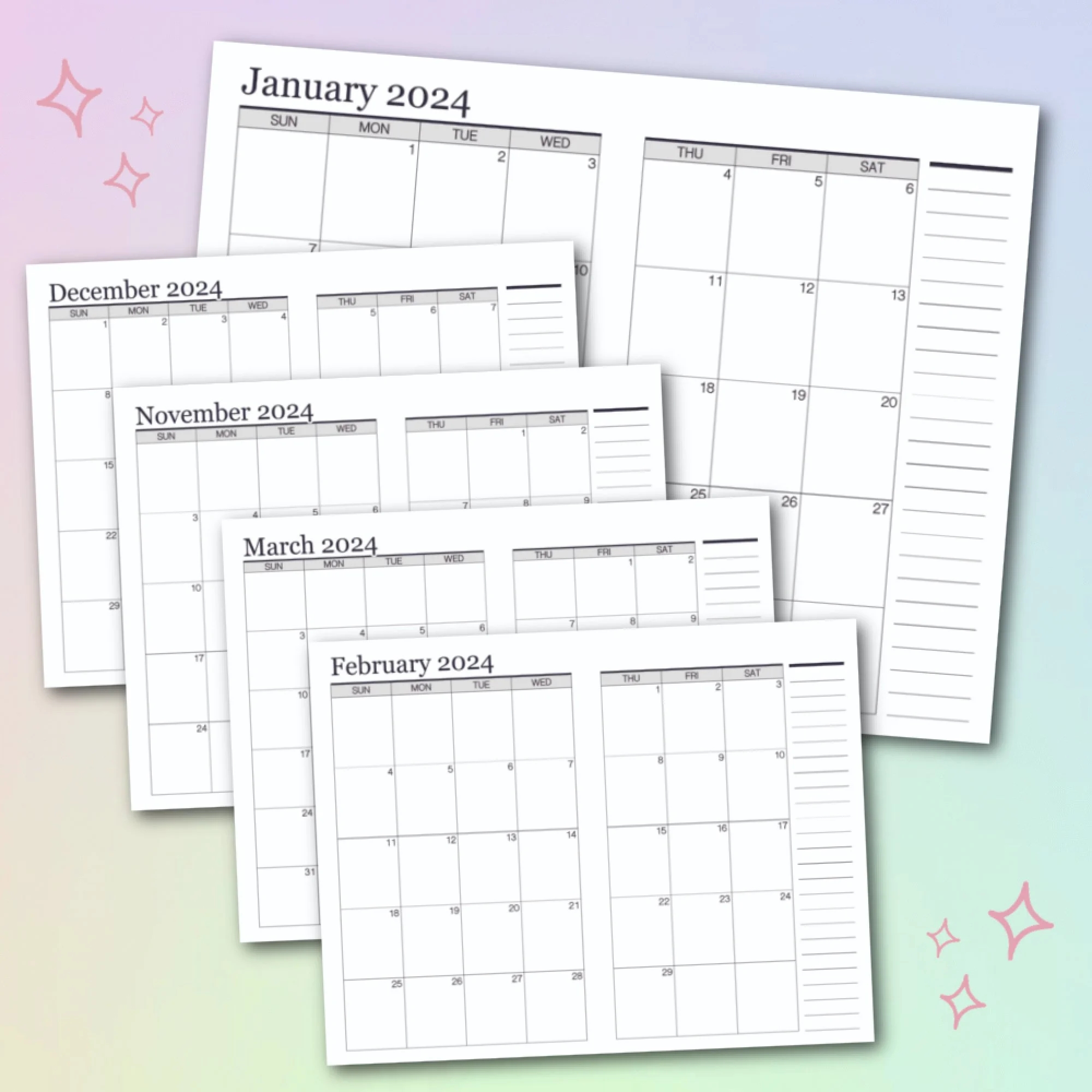 Free Printable 2024 Calendar Half Size Double Page Spread Krafty Planner