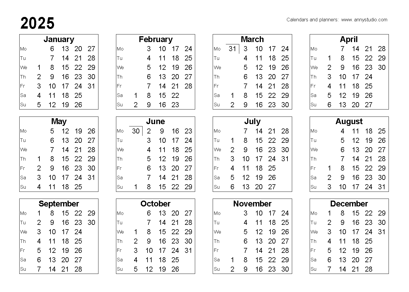 Vertical Printable Calendar 2025