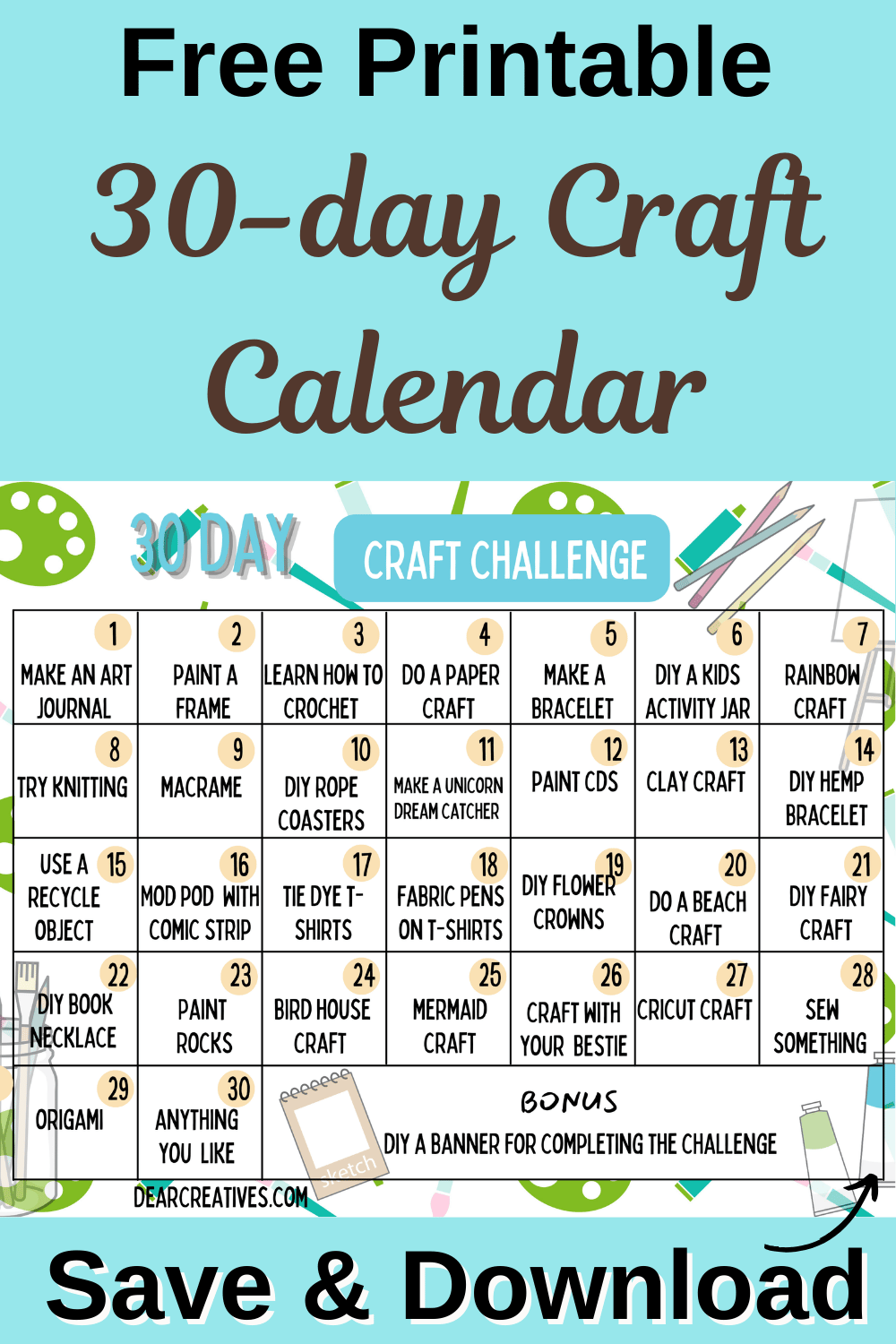 Free Printable Crafting Calendar 30 Day Craft Challenge Dear Creatives