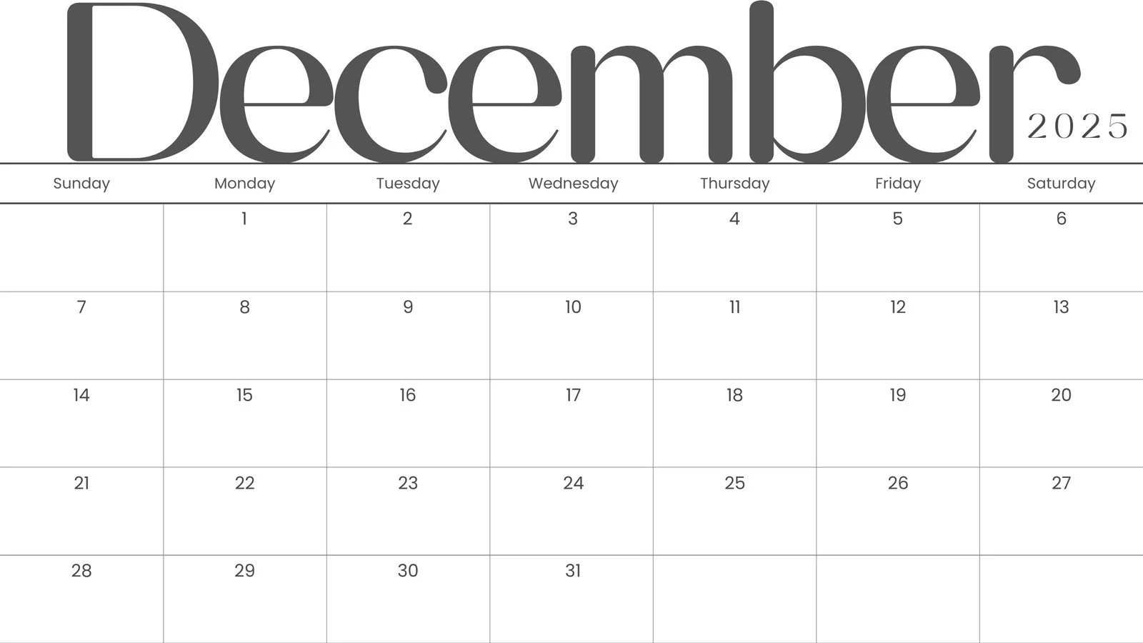 Printable December 2025 Calendar