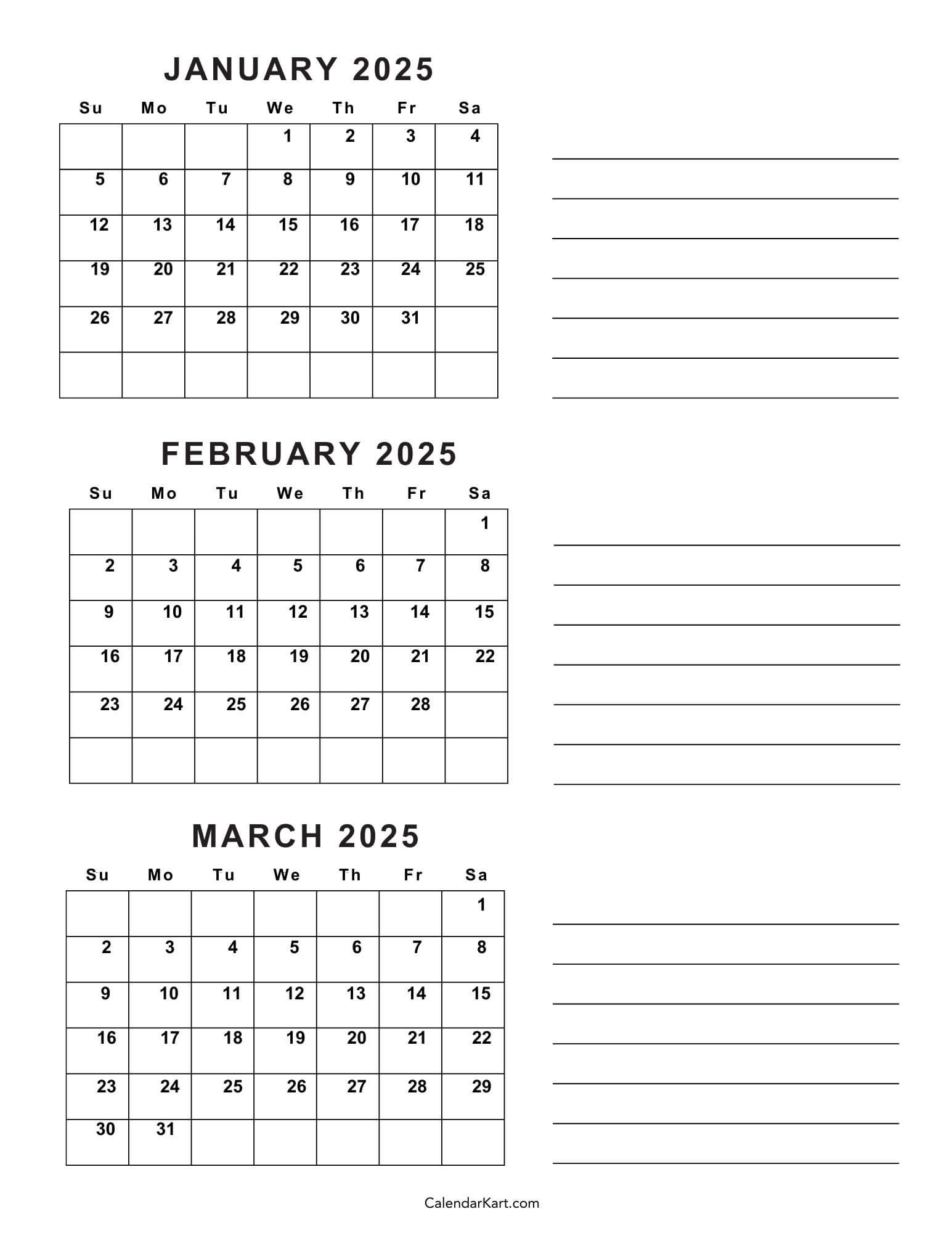 Pretty Calendar 2025 Printable Black And White