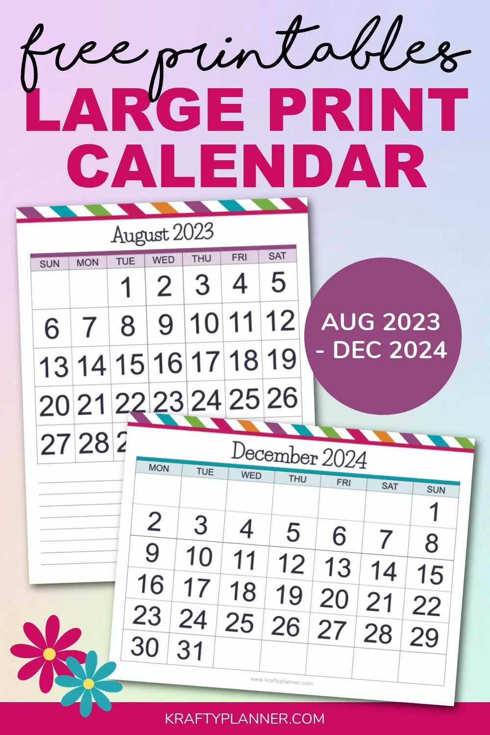 Large Print Printable Monthly Calendars