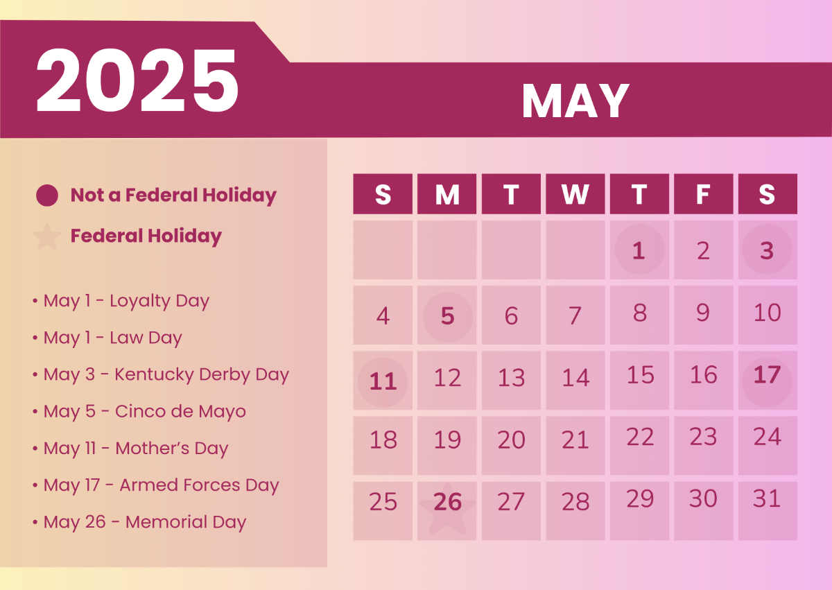 Free Printable May 2025 Calendar With Holidays Template To Edit Online